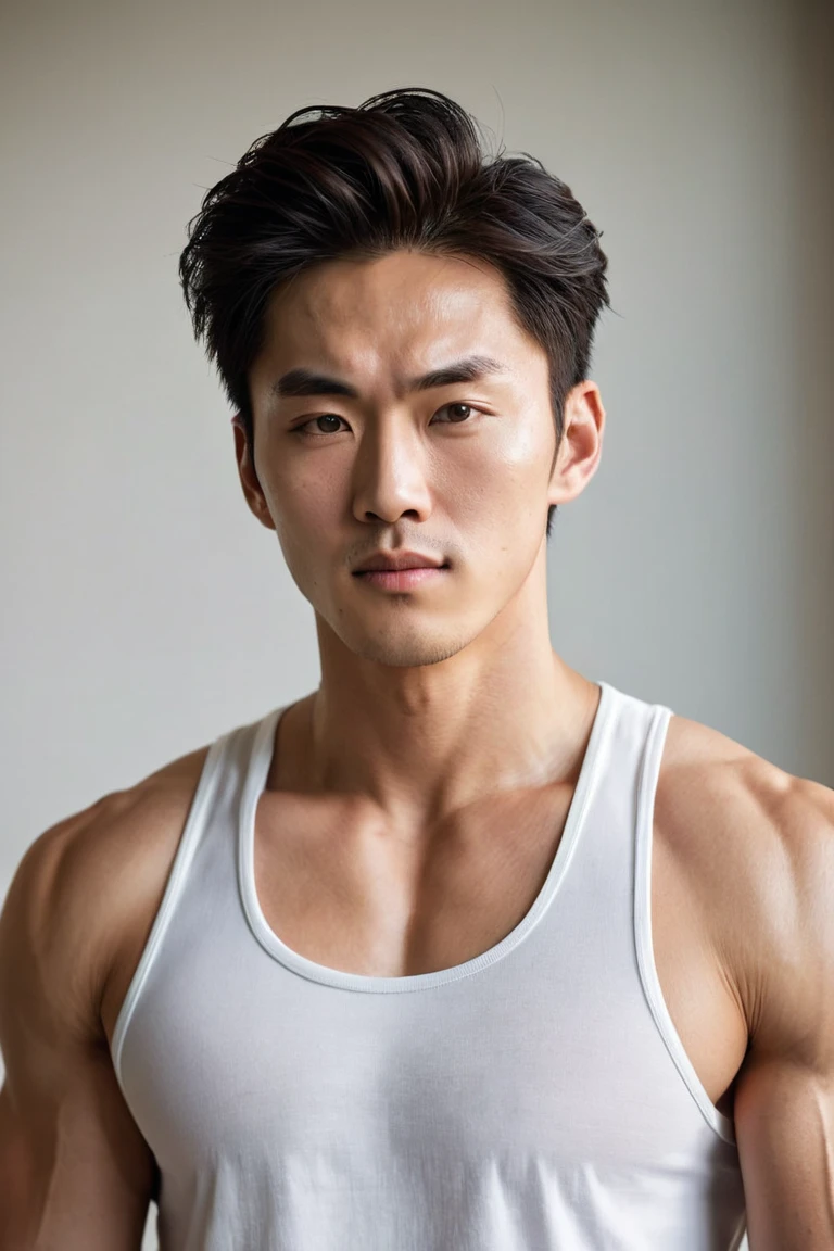 short detailed hair,Naked body,Chinese boy, musculature,Black hair,huge breasts, serius face,Handsome boys,