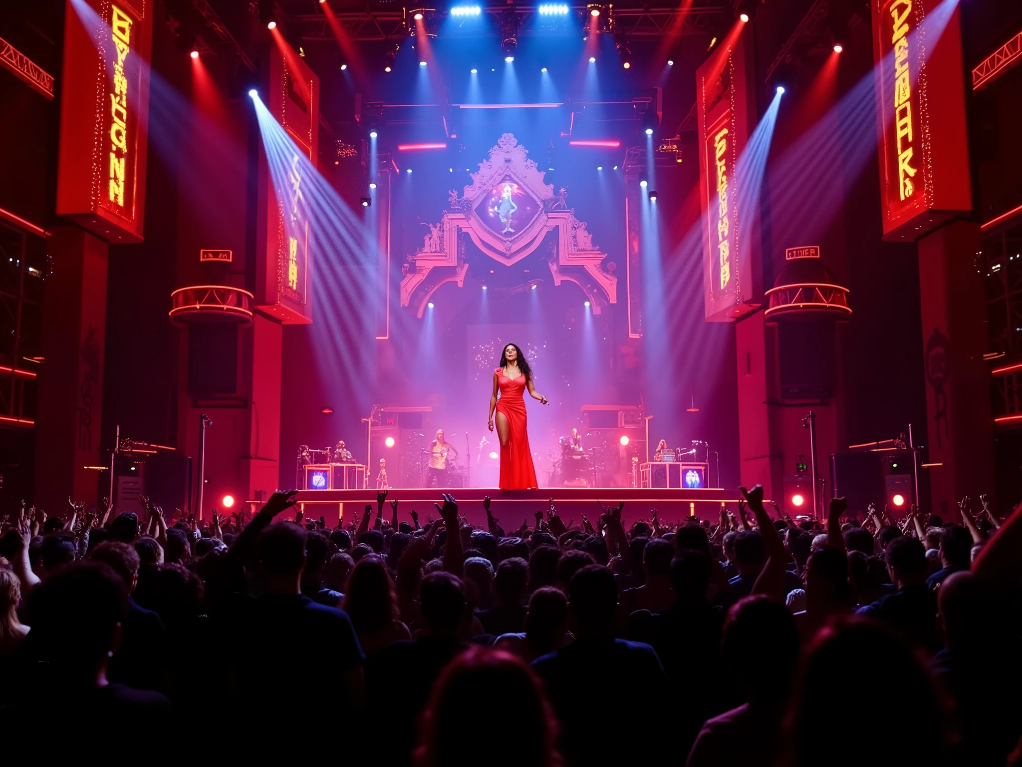 y0h@n1, A huge stage with disco lights and neon signs. Yohani is singing on stage, she is wearing a revealing dress. She is bathed in light. Below, a massive crowed gyrates with the beats of music, shouting in unison: Yohani! Yohani! It is an amazing sight. Captured in HD, highest resolution, very highly detailed full frame hasselblad dslr with a telephoto lens and cinematic filter.