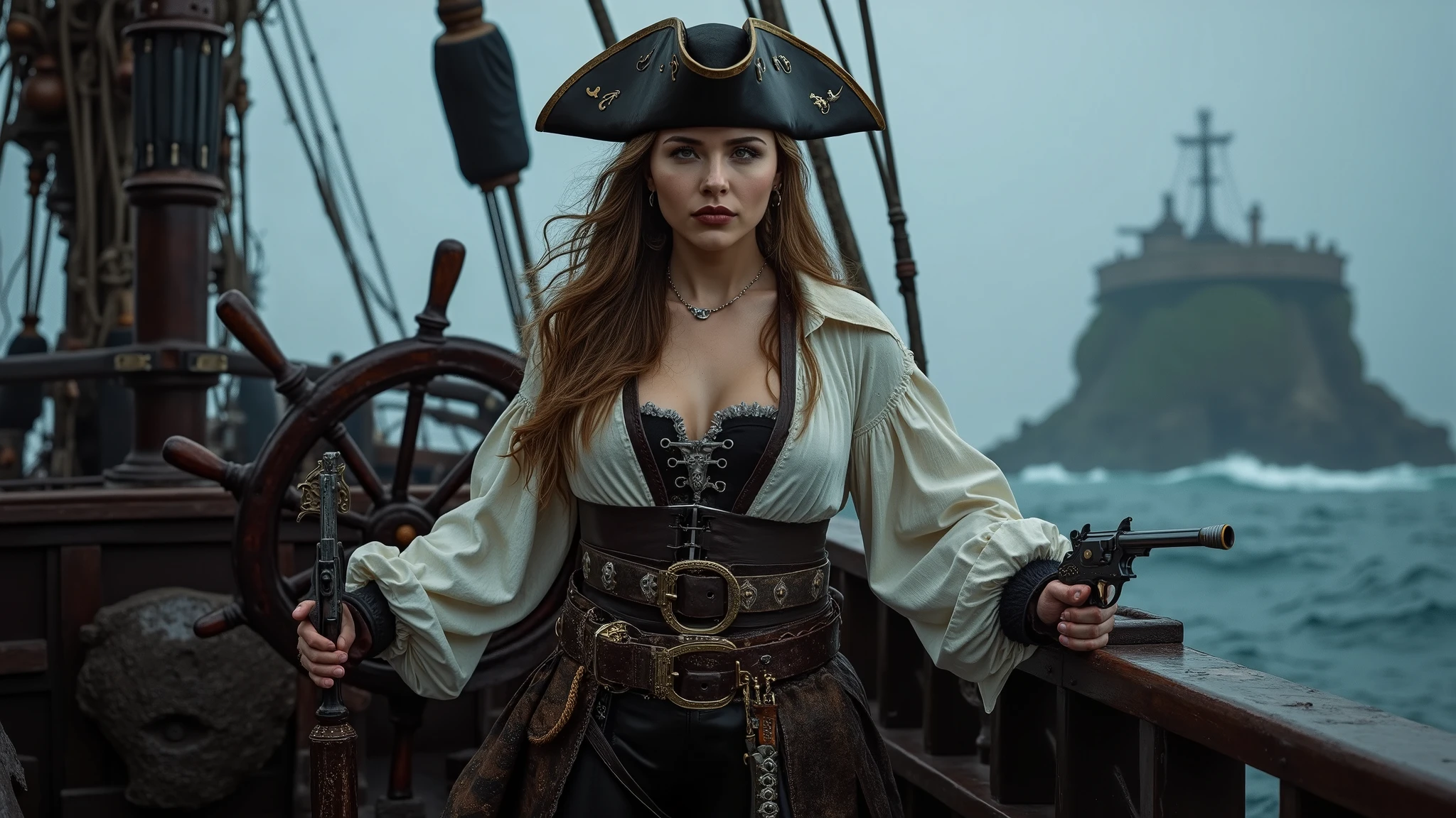 A strikingly beautiful female pirate captain commands her massive ship, her hand firmly gripping the large wooden pirate rudder. Her long, wavy hair flows freely beneath a worn but ornate tricorn hat adorned with silver accents. Her piercing eyes, sharp and focused, gaze directly at the camera with a mix of seriousness and subtle seduction, as though she’s plotting her next daring move. Her attire strikes a balance between ruggedness and allure: a fitted leather corset over a loose, billowy white shirt, with tight black trousers tucked into high, weathered boots. A polished pirate cutlass hangs from her hip, its intricate hilt wrapped in dark leather, gleaming in the dim light. In her other hand, she holds a flintlock pistol—its barrel ornately engraved with gold detailing, emphasizing her status as a seasoned and formidable captain. The ship, with black flags billowing in the wind, leaves behind a mist-shrouded island, heading towards the dark, foreboding ocean. The scene crackles with tense energy—the waves crash against the hull, but the pirate’s calm, confident stance and the hopeful glint in her eyes suggest that she’s destined for success in her next great endeavor.
