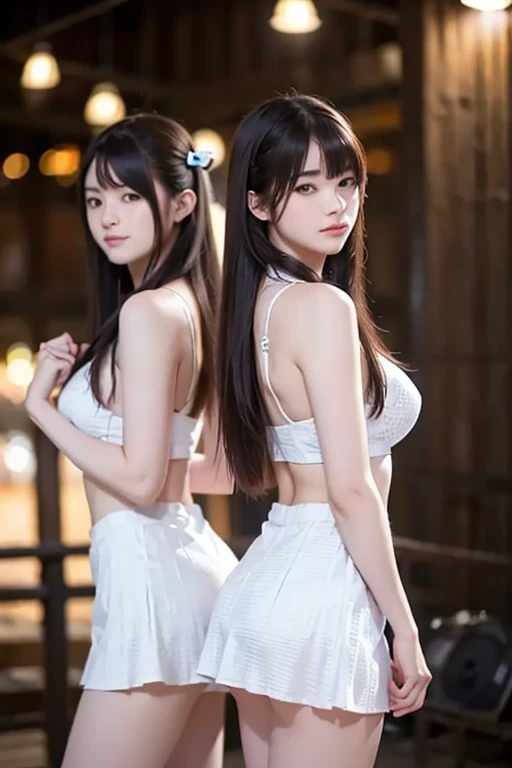Highest quality、Natural Lip、Fair skin、Great light、Beautiful lighting、((Straight hair))、((ponytail))、((Black Hair))、Blunt bangs、Off the shoulder、Large Breasts、Large Breastsの谷間、(((White Crop Top、mini skirt、Gorgeous Accessories)))、Harajuku at night、smile、かわいいsmile、Crowds in the city at night