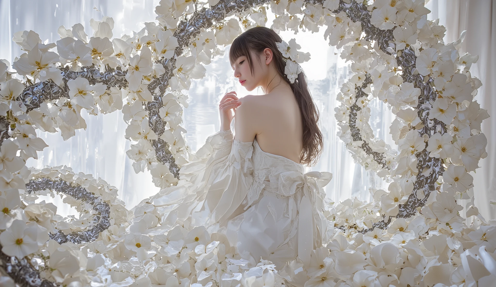 ( Abstract art :1.2),Fractal art,psychedelic art,white theme ,1 girl on break day,Hair Accessory,Simple appearance ,masterpiece,Highest Quality,ultra high resolution,Award-Winning Art ,very well detailed,beauty,beauty, lots of flowers ,White Rose,非常beauty誘人的女人, strapless, bright,Lots of roses,long hair