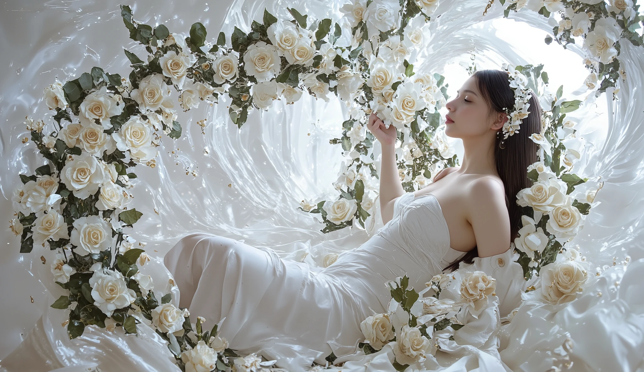 ( Abstract art :1.2),Fractal art,psychedelic art,white theme ,1 girl on break day,Hair Accessory,Simple appearance ,masterpiece,Highest Quality,ultra high resolution,Award-Winning Art ,very well detailed,beauty,beauty, lots of flowers ,White Rose,非常beauty誘人的女人, strapless, bright,Lots of roses,long hair