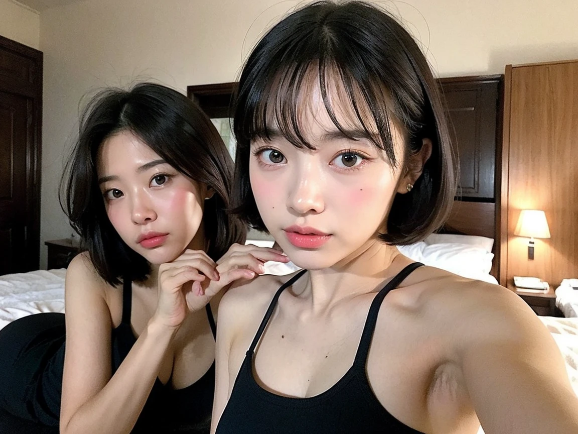 ((Best quality, 8k, Masterpiece :1.3)), 2girls are kissing, side shot :1.2, beautiful Japanese woman with slender abs: 1.3, (casual hairstyle, big breasts: 1.2), bikini, super detailed face, detailed eyes, double eyelids, whole body,short bob hair,smile