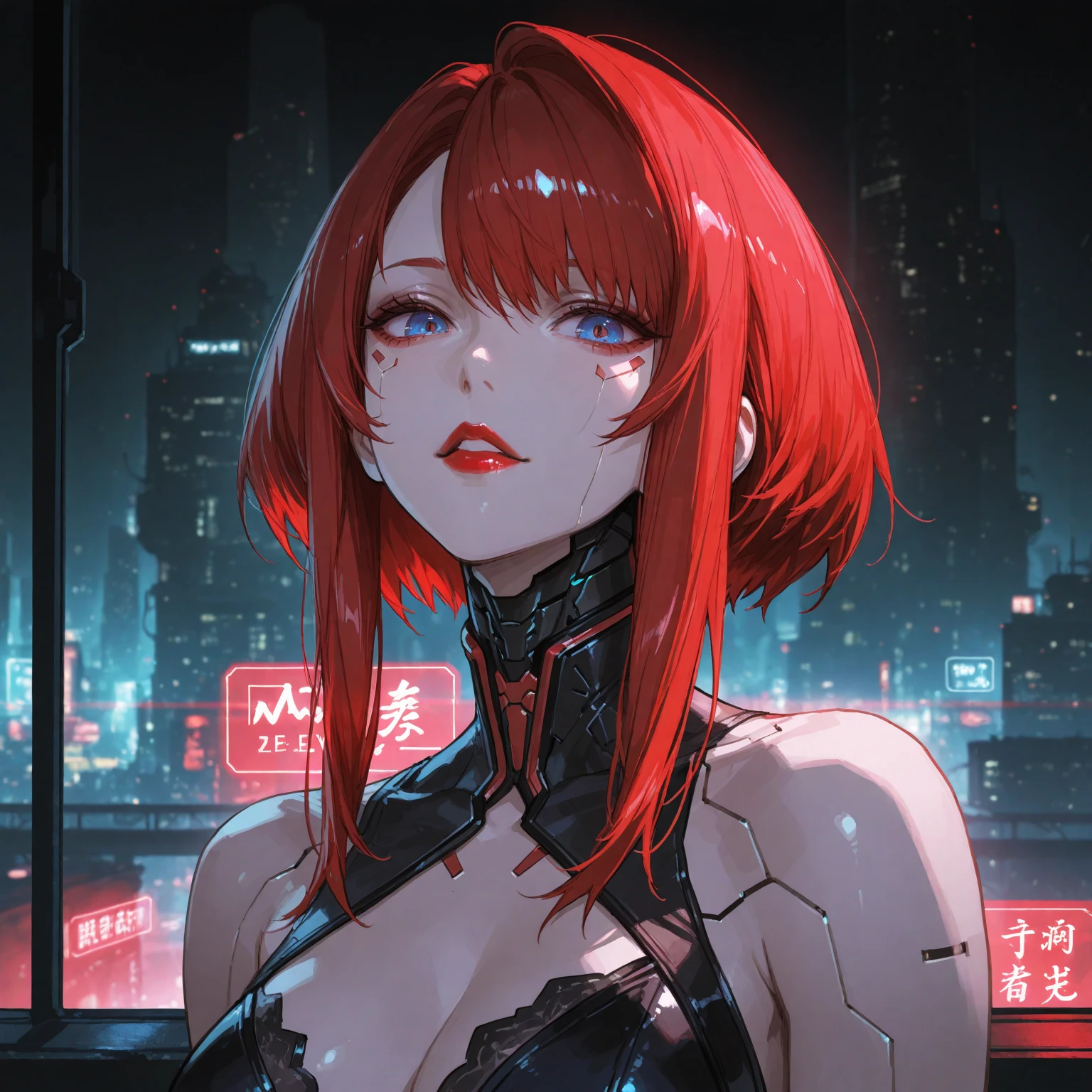 ((black latex bodysuit)), upper body, seductive look, blush, indoors, in office, looking at viewer, cloudy, moody lighting, (perfect detail eyes:1.2), glowing eyes, (Masterpiece, Best Quality, High Quality:1.4), professional artwork, Intricate Details, field of view, sharp focus, detailed painting, photorealistic lighting, trending on pixiv, (vivid lighting, vibrant colors:1.05), realistic shadows, ambient occlusion, (athletic body:1.3), mature woman, 30yo, hyperdetail eyes, beautiful eyes, (((solo:1.4))), semi-realistic hair, hyperdetailed clothes, (((beautiful red blood lipstick:1.3, beautiful red blood eyeshadow:1.3))),
