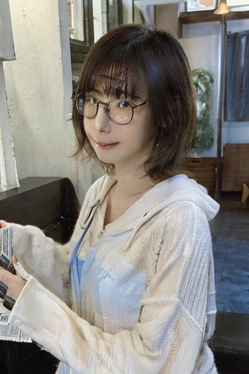 (8K、Raw photo、Highest quality、masterpiece:1.2)、(Realistic、Photorealistic:1.37)、Ultra-detailed、Ultra-high resolution、1 girl、Seeing the viewer、Beautifully detailed face、Laughter、narrow、(Slim waist) :1.3)、shortcut、Beautifully detailed skin、Skin Texture、Floating Hair、Professional Lighting、Waiting for the train on the platform、Black-rimmed square glasses 、Human whole body、Brown Hair、