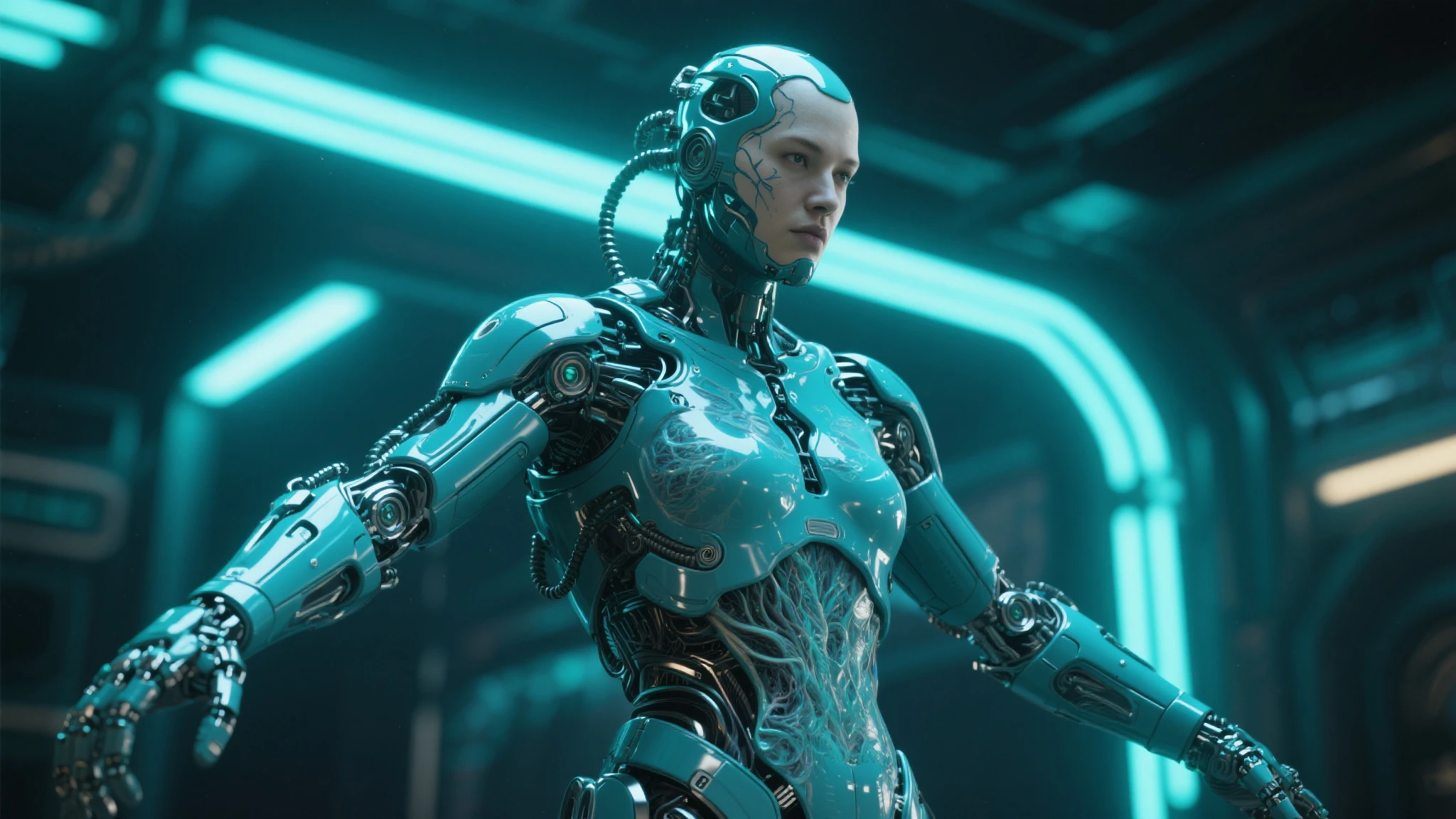 ```
Full-body portrait of a female cyborg, entire figure visible.
16:9 aspect ratio, landscape orientation.
Subject centered, occupying majority of frame height.
Head to toe visibility, no cropping of any body parts.
Frontal view, directly facing the camera.
Russian features: high cheekbones, clear blue holographic eyes.
Short platinum blonde hair with visible tech implants.
Face, torso, arms, and legs all clearly depicted.
Seamless blend of human and robotic elements throughout body.
Metallic components and exposed circuitry on skin.
Transparent panels revealing internal bio-mechanical systems.
Arms and hands fully visible, showing cybernetic enhancements.
Legs and feet prominently displayed, exhibiting robotic design.
Subtle blue energy lines tracing entire body.
Minimal, form-fitting attire to showcase cyborg elements.
Standing pose, arms slightly away from body.
Feet shoulder-width apart, firmly planted.
Faint holographic aura surrounding entire figure.
Futuristic background not obscuring any part of the cyborg.
Even, cool-toned lighting highlighting all body details.
Emphasis on full-body representation from head to toe.
```​​​​​​​​​​​​​​​​