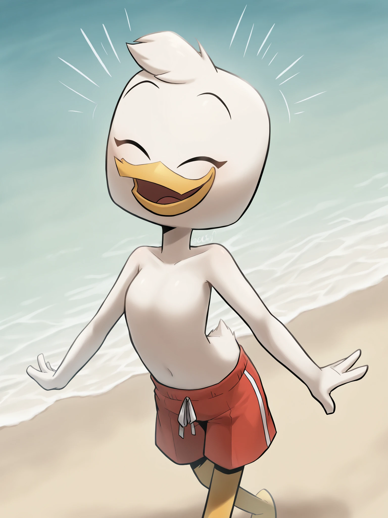 (masterpiece, best quality, very aesthetic, absurdres, artist:sakura, beach, shaded, motion lines, action lines,) 1girl, female, solo, dewey duck, beak, eyes closed, on model, blue swimming trunks, (happy, smile:1.2) perfect white bare skin, perfect bare chest skin