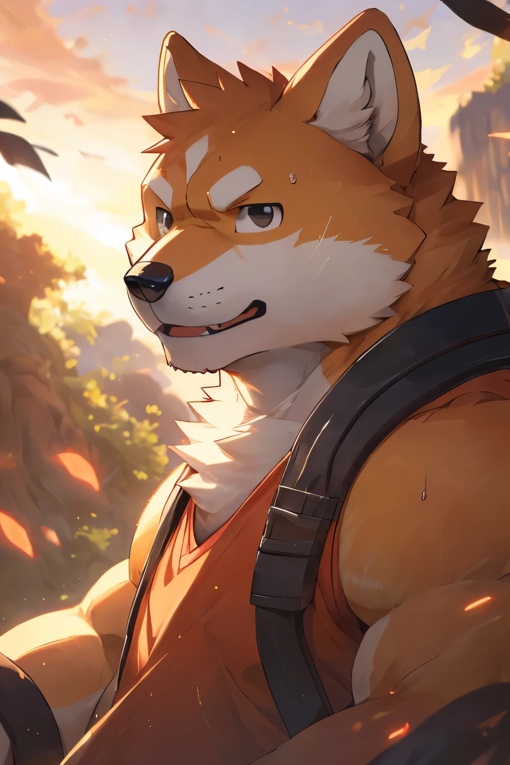 male,25 years old, ((Round Face, Full face ,black eyes, )), ((Endocrine, handsome,Hot Blood)), (), ((domestic 狗,Shiba Inu,) furry fur, furry), Outside, (high quality, high resolution, masterpiece), ( dynamic lighting, bright colors), (), full body photo , cartoon, author:Arashi Takehoto, from Zixiong , author:Chunni, author:Ethereal,(background:), ultra-detailed, sweat, Rough, maturity, strong expression, sharp gaze.,bright environment