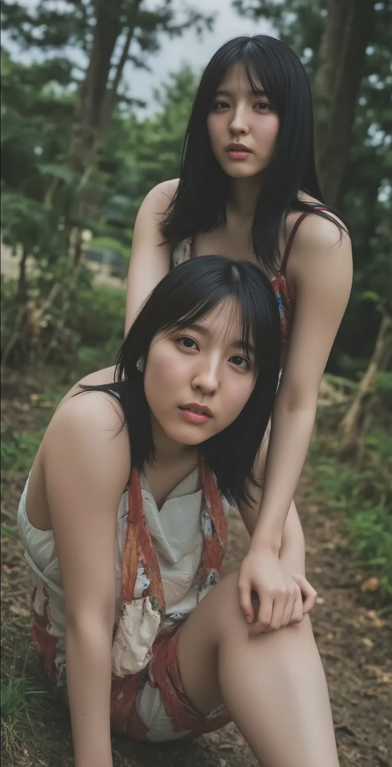 Raw, best quality, masterpiece, Ultra-realistic, ultra-detailed, korean mommy, 45-Years-Old, plump body, big breasts, exhausted face, wearing white thinnest strapless dress, laying head on trees root, taking a nap below trees, raining weather, big trees background, 8k resolution