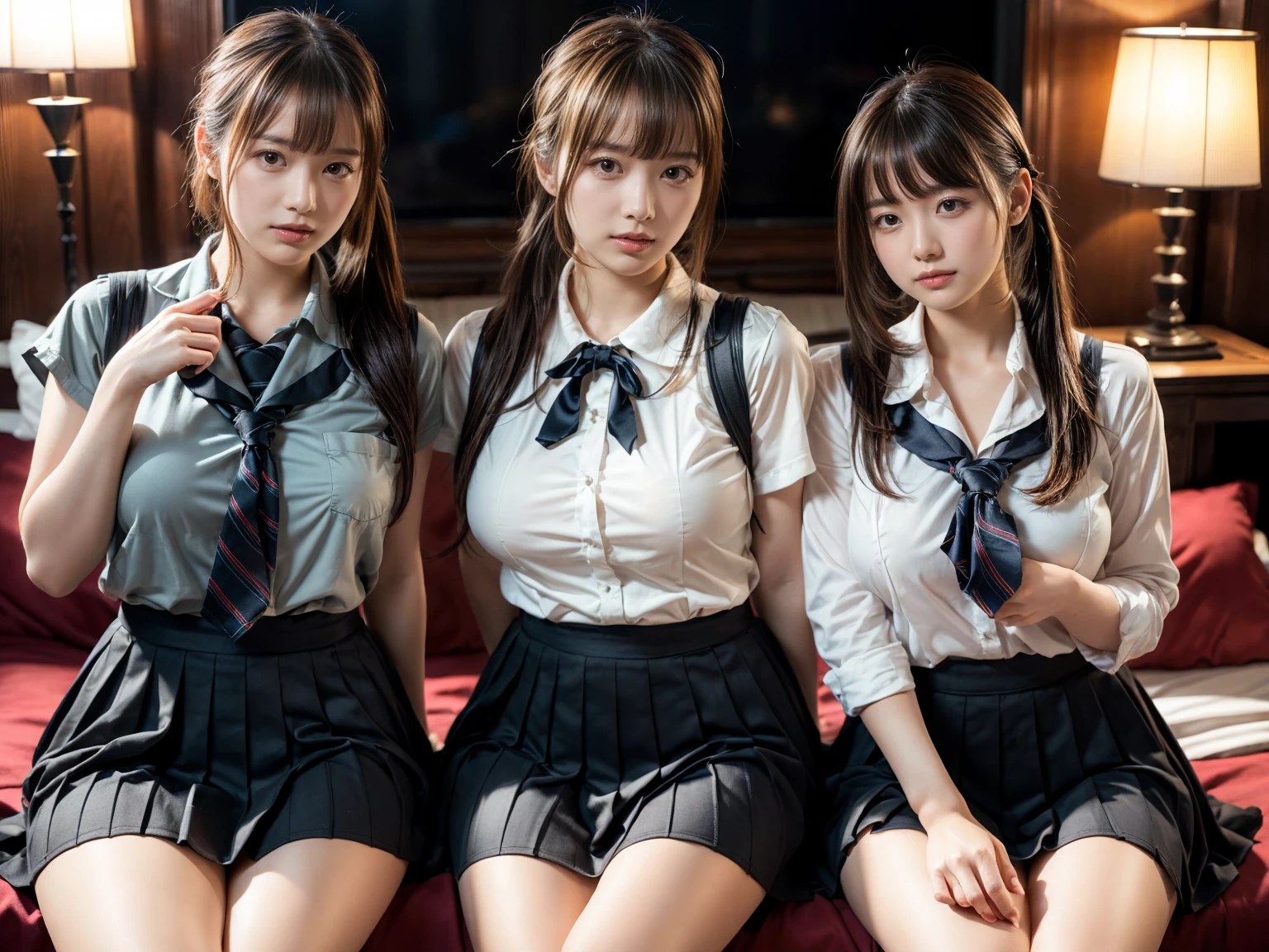 (8K, Raw photography, top-quality, masterpiece:1.2), master piece, best quality, illustration, Super detailed, fine details, High resolution, 8K,wall paper, perfect dynamic composition,(Details High quality, realistic depiction of eyes:1.3), ((2 girls, 2 schoolgirls)), The background is a luxury hotel room、High school girl uniform、blazer 、Super Short Check Uniform Skirt、Navy blue high socks、garterbelts、Colossal tits、Disturbed uniform, Play with each other,Touching each other's bodies,Touching the body of the girl next door, short bob hair, black hair color, huge breasts, Big Natural Color Lip, bold sexy pose, (perfect body shape), crying a little、cold gaze, Beautiful makeup,glitter makeup,Cutest 18 years old, beautiful legs, hposing Gravure Idol, Voluptuous thighs