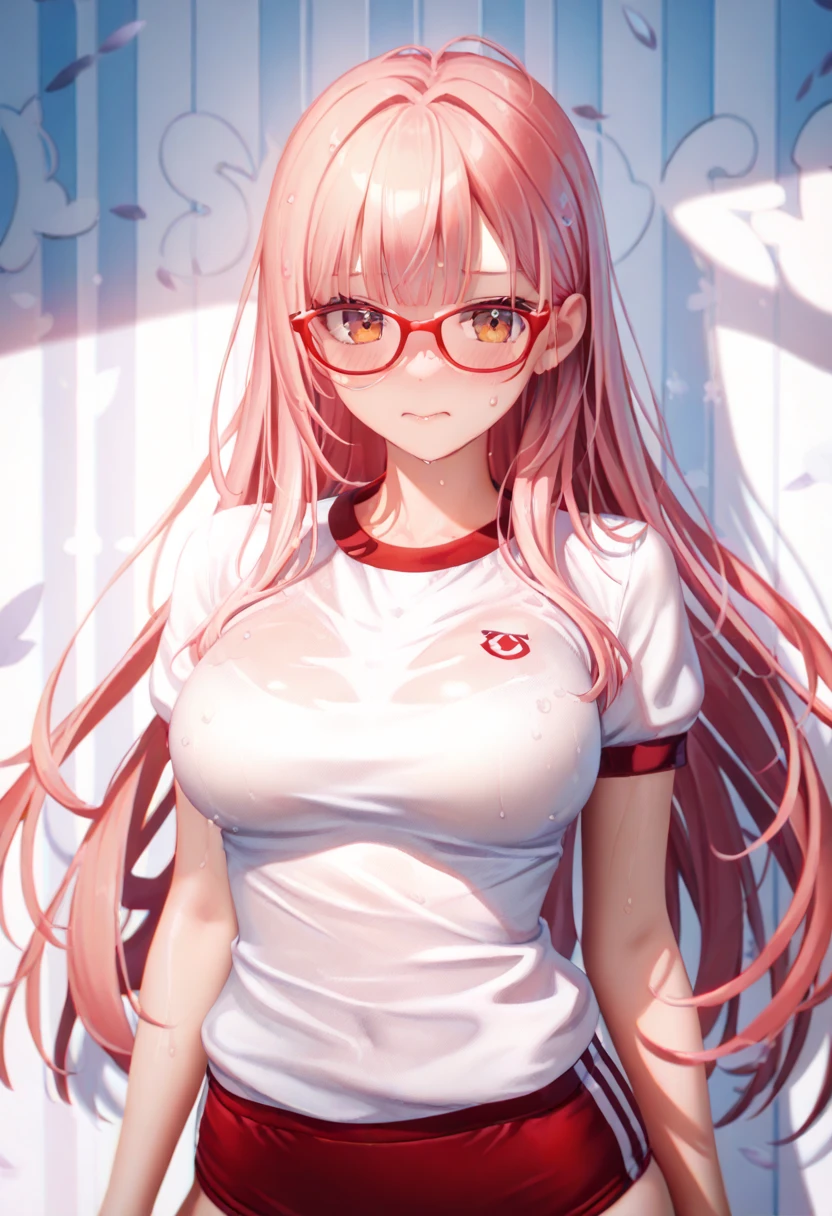 Asuka Langley, blush, cleavage,glowing aura, natural light, masterpiece, glossy skin, juicy lips ,long hair, cute, kawaii, adorable, kawaii clothes,random hair style,sexy, hot, , random expression, blonde hair, ((pink highlights in hair)), pink eyes, purple bunny ears, bonfie,glasses, pigtails and braids, bright pink eyes, , juicy lips, bimbo, hour glass, smile ,big lips, ((shirt tug pose))
