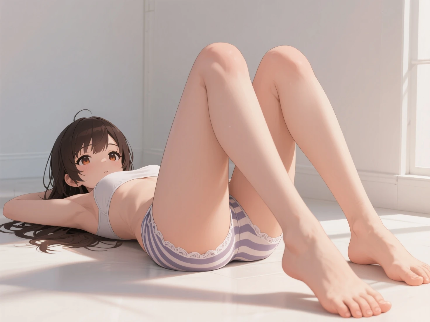 Lie on your back on a wooden floor、Eyes closed、Losing consciousness、With legs apart:1.1、profile、belly button