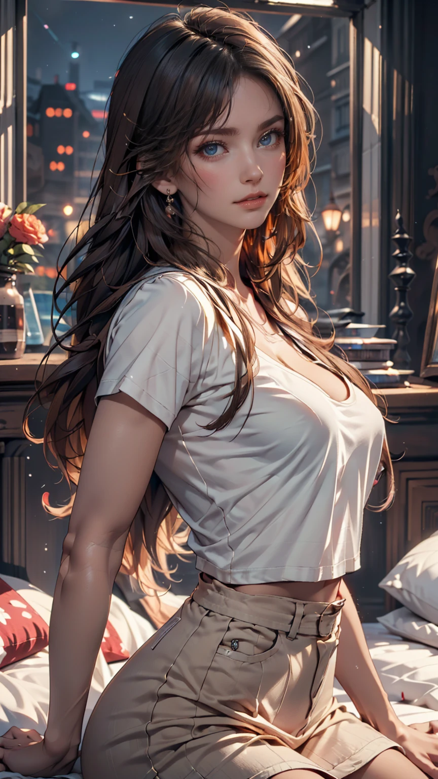 (masterpiece:1.2, best quality), (22 years old Spanish woman), medium breast, golden brown flowing hair glamour, (green eyes), beautiful face, leaning forward, facing viewer, from below, white shirt, black pants, areola slip, down blouse, embarrassed, blush, ^ ^, indoor, (hair ruffling)