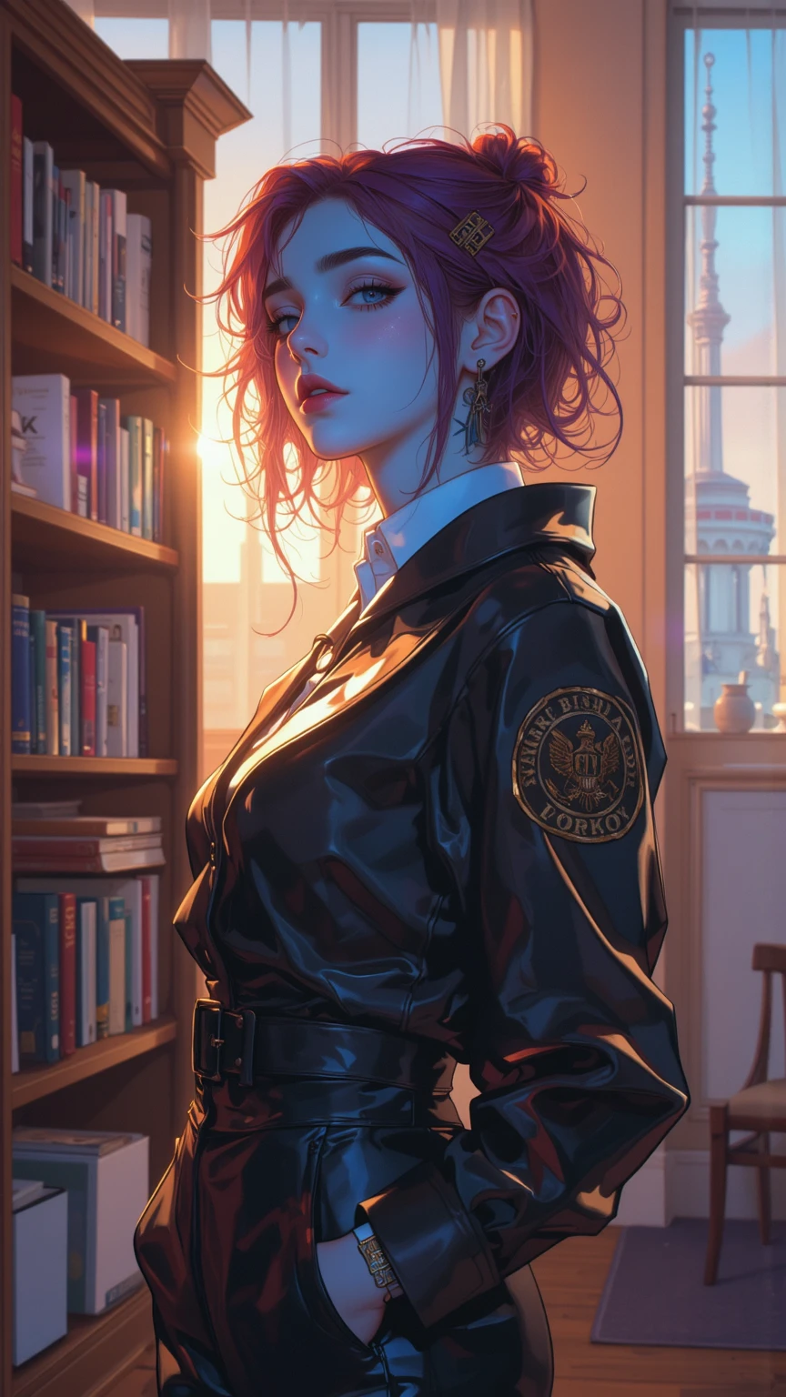 ((ZPdXl3)), (score_9), (score_8_up, score_7_up), knava, L0LSPLH, year2024, 2023, West Studio , sixmorevodka, G0thicPxl, Glow, Delicate Background, HD, High Quality Highlights, Ear, Rainbow Quality Light, 8k Details, 細緻的backgrounds, Messy Hair, No Text, Details Masterpiece {x} Rich in performance
rests,
角色:1woman、Alone、AirGenasi、winds、Brass Ear Clip、Tattoo、Colored Skin、Round Glasses、
Clothing:Dark Red Lapel、Gentle Color、Horse Pants、Boots、Pair of Hi-Ratio、Blue Skin,
backgrounds:Library,Dye -g