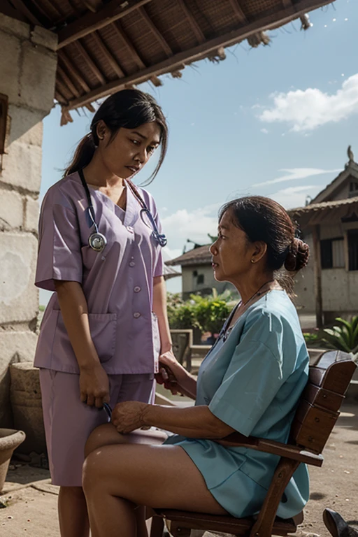 "Create an image of a public health nurse in a rural village setting, treating a patient suffering from tuberculosis. The nurse should be shown administering medication and providing care to the patient, who is resting on a simple bed. The setting should include a modest rural home, reflecting the limited resources available. Surrounding the nurse and patient, villagers are gathered, listening attentively as the nurse educates them on how to prevent the spread of the disease. The nurse should be depicted as calm, professional, and compassionate, embodying the vital role of public health nursing in underserved communities."