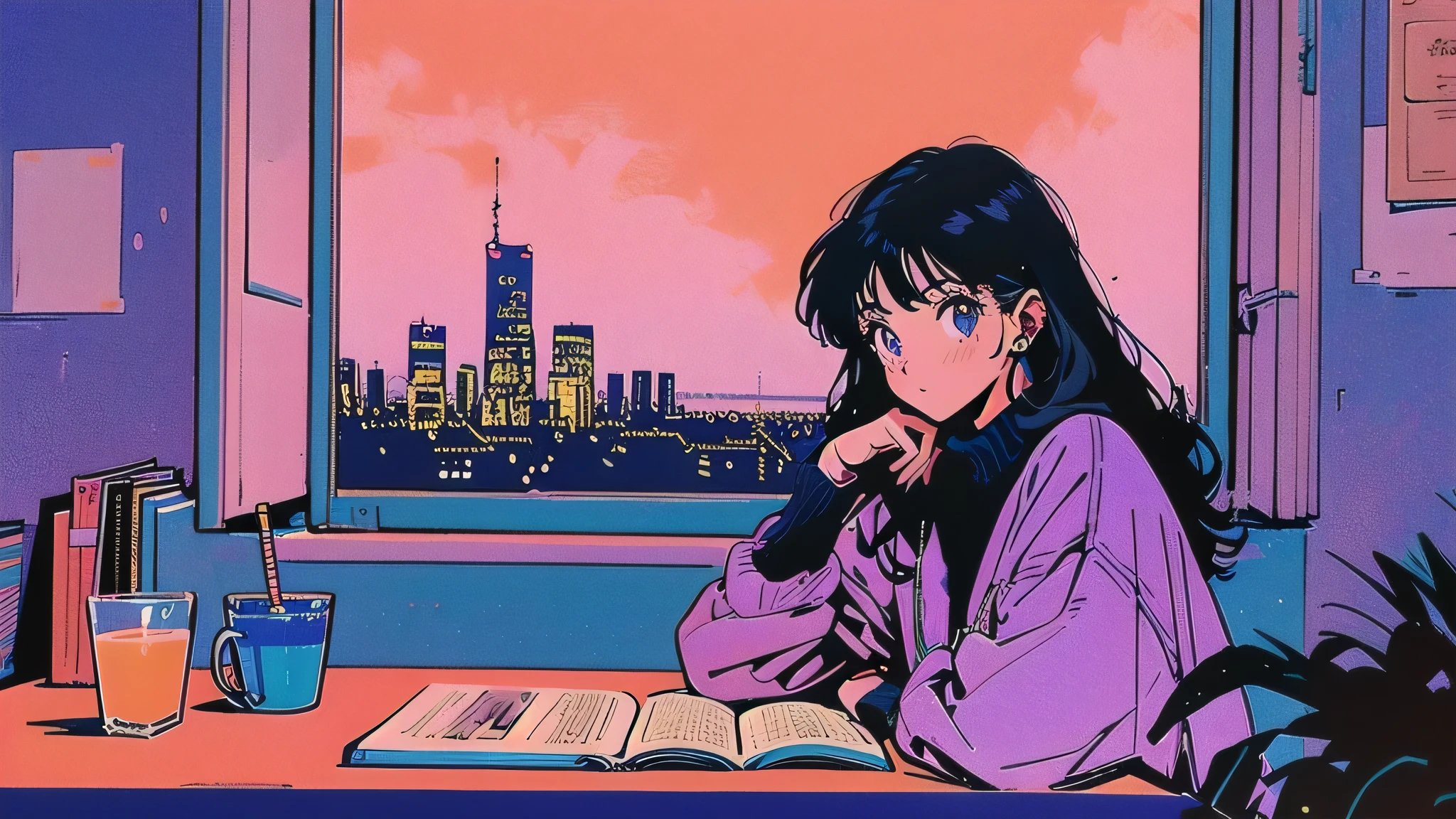 A 20-year-old woman studying by the window during sunset in an anime-style illustration. She has shoulder-length wavy hair and wears a cozy oversized sweater. The warm orange and pink hues of the setting sun mix with vibrant blues, purples, and yellows, creating a colorful and nostalgic ambiance. Outside the window, a neon-lit cityscape with glowing signs and reflections adds to the dreamy 1980s city pop atmosphere. A cup of coffee, an open notebook, and scattered pens are on the desk, enhancing the peaceful and contemplative mood.