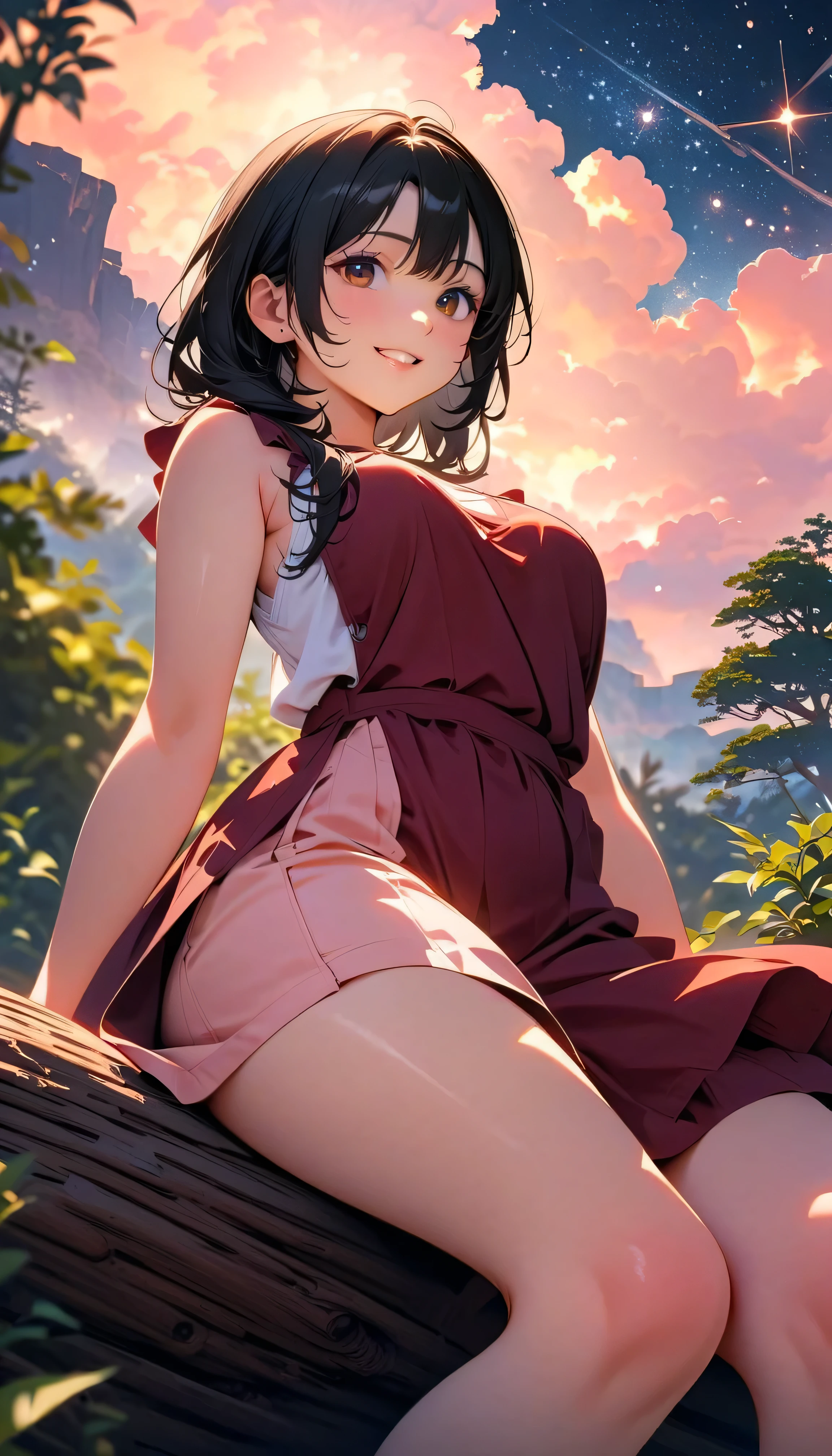 (Highest Quality:1.2, 非常にdetailsな, newest, Highest Quality, Best Aesthetics), 8K Ultra HD, 非常にdetailsな, details, Bold composition, (perfect human structure), beautiful and very delicate texture, delicate and dynamic, romantic and sweet style, concept art style, 非常に複雑なdetails, the contrast between light and dark is clear, Structured, fantastic night, light gradation , Vivid and gentle colors, An old tree, Fantastic starry sky, backlight, One nice girl, 非常にdetailsな目と顔, Dark Eyes, smooth skin texture , shiny skin, kind expression, Girl sitting on a tree branch, smiles, black hair, young, light clothing, 2.5d, realistic, looks up at the night sky, angle from below