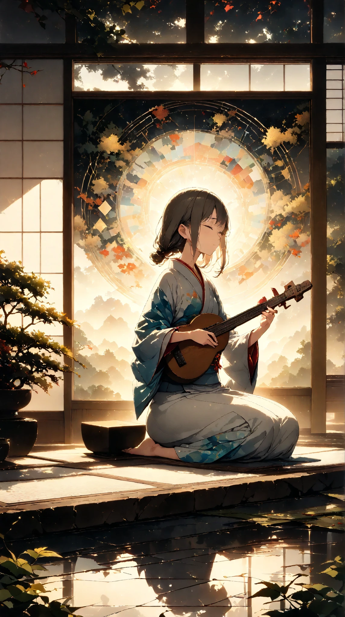 A young woman wearing a kimono is sitting on the floor and playing a musical instrument、traditional japan、Traditional、Traditional Beauty、Japanese、Japanese style、Smiling、In the midst of a forest of fresh greenery、Ghibli style、Under the cherry blossoms in full bloom、