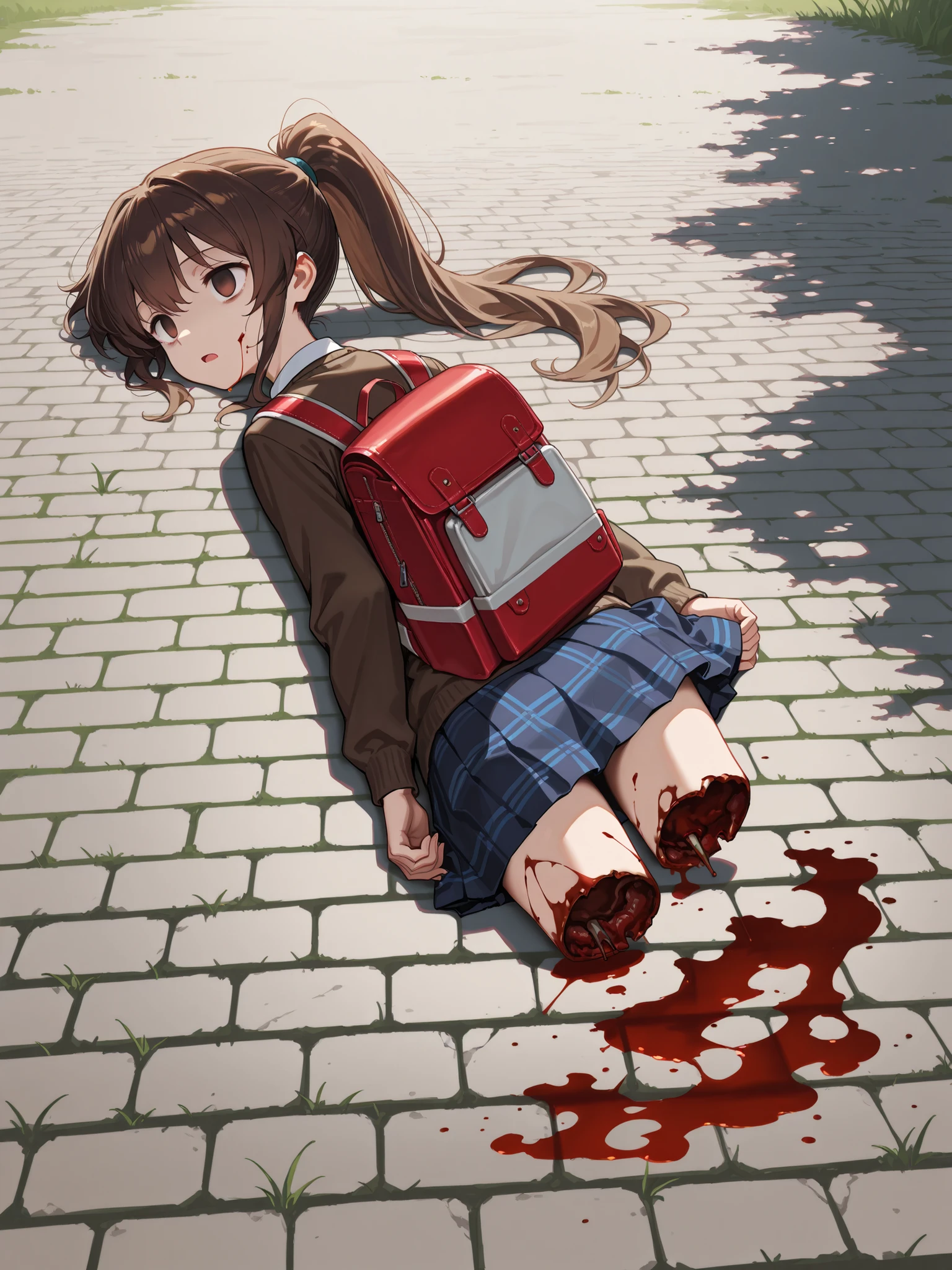 Masterpiece, hd, 2d, anime, brown hair, long hair, ponytail, blank stare, opened mouth dead body, , gore, (gore:1.3), blood, (blood:1.2), a much of bloods, missing legs, broken legs, no legs, severed legs, dead body, wearing school uniform, backpack , outdoor, lying, lying on ground, grass