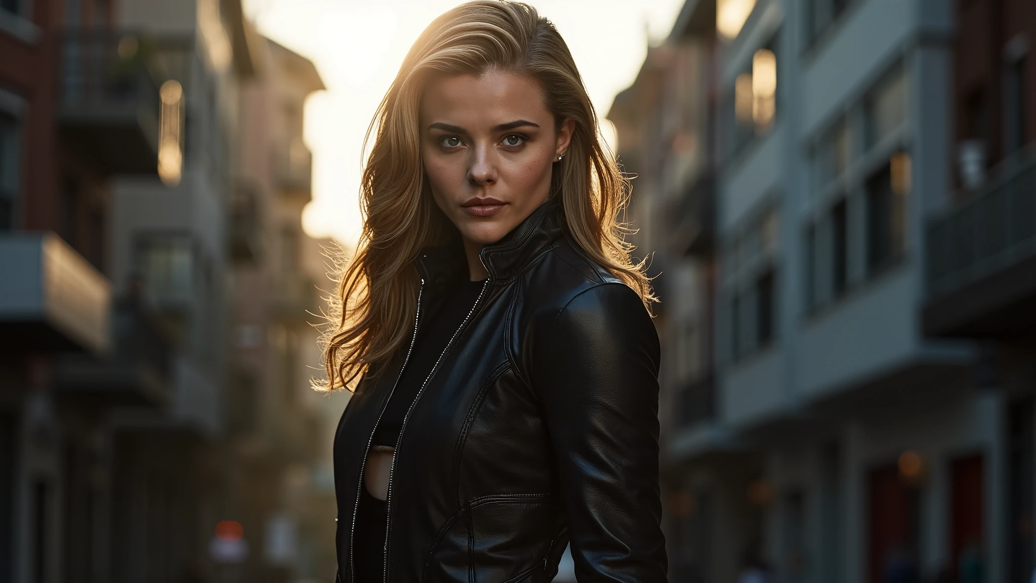 The image features Kristen Stewart as a leather-dressed superheroine, exuding a fierce and confident aura. She stands in a dynamic pose, showcasing a sleek black leather suit that hugs her form, accentuating her athletic build. The composition is striking, with a low-angle perspective that emphasizes her power and dominance in the frame. Dramatic lighting casts sharp shadows across her face, highlighting her piercing gaze and the texture of the leather, while a soft backlight creates a halo effect, enhancing the superheroine's mystique. The background is a blurred urban landscape, suggesting a gritty, modern cityscape that complements the genre of action and adventure.