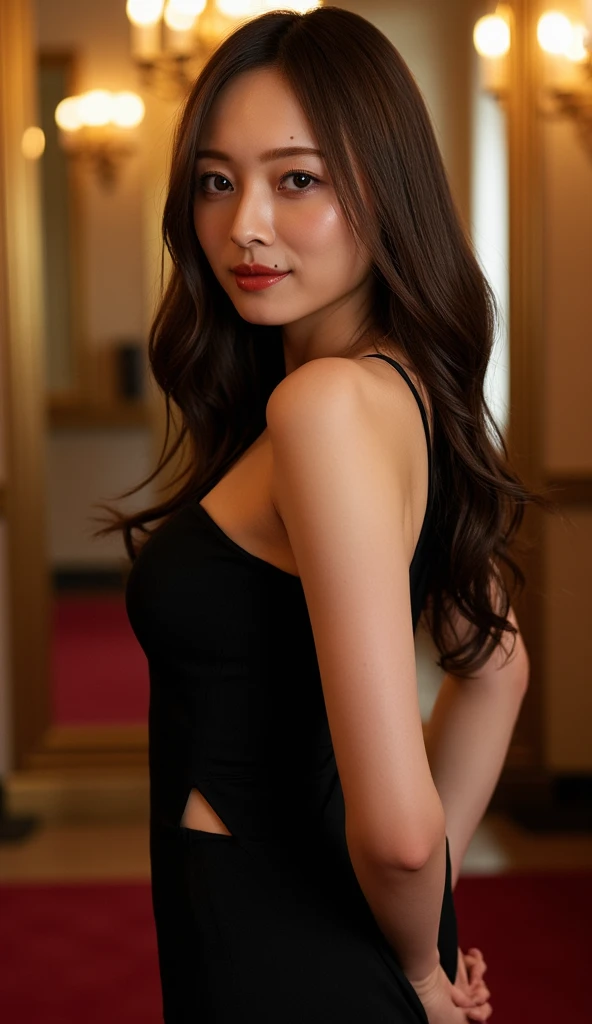 (upper body:1.5), nikon RAW photo,8 k, Fujifilm XT3,masterpiece, best quality, realistic, photorealistic, ultra detailed, extremely detailed face, solo,1girl, standing, fashionable and trendy atmosphere, and a stylish expression on her face, close up, (narrow waist), black dress, walking, at the dark streets, moonrise, sleeveless, fabric clothes,