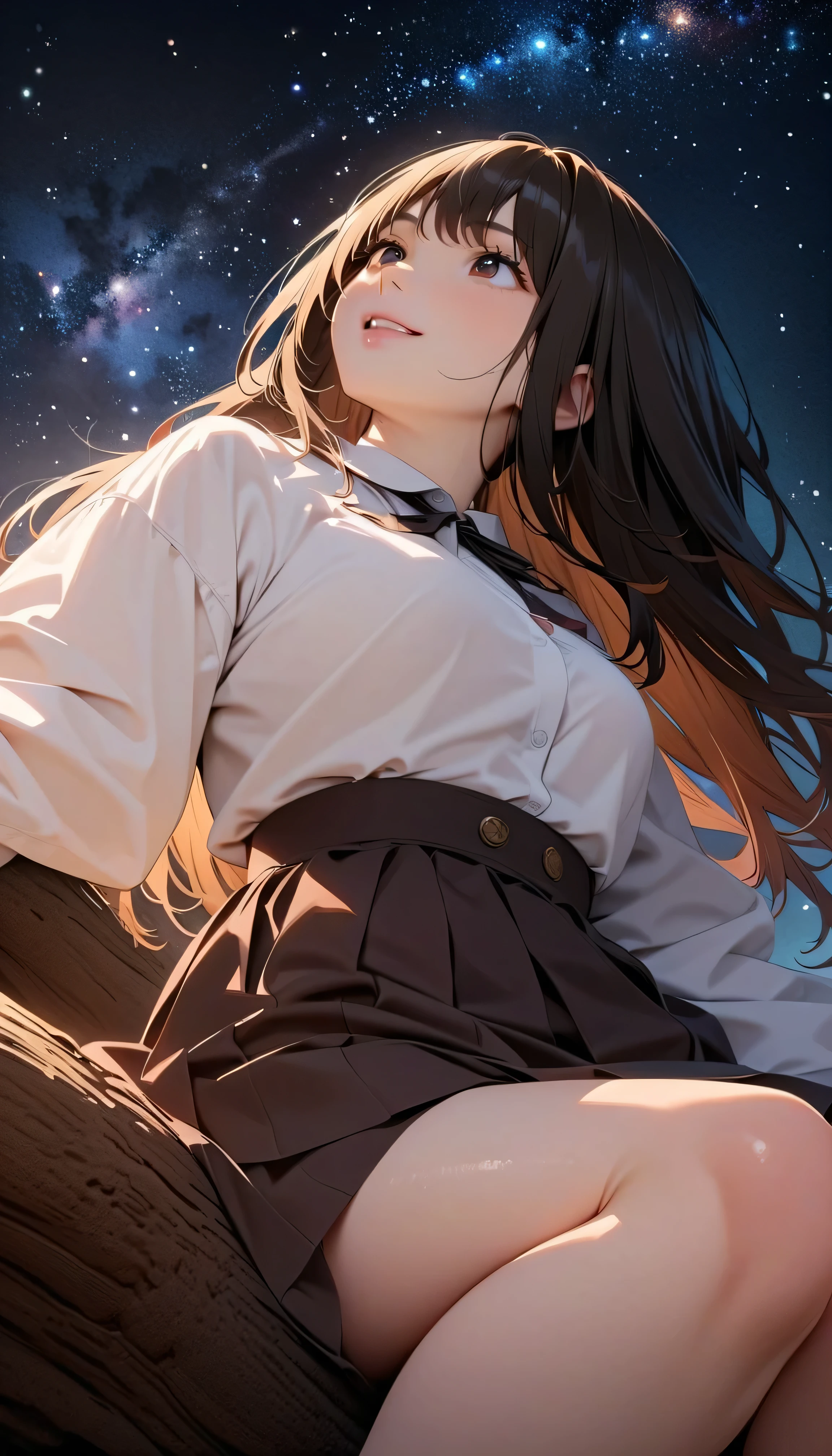 (Highest Quality:1.2, 非常にdetailsな, newest, Highest Quality, Best Aesthetics), 8K Ultra HD, 非常にdetailsな, details, Bold composition, (perfect human structure), beautiful and very delicate texture, delicate and dynamic, romantic and sweet style, concept art style, 非常に複雑なdetails, the contrast between light and dark is clear, Structured, fantastic night, light gradation , Vivid and gentle colors, An old tree, Fantastic starry sky, backlight, One nice girl, 非常にdetailsな目と顔, Dark Eyes, smooth skin texture , shiny skin, kind expression, Girl sitting on a tree branch, smiles, black hair, young, short, light clothing, 2.5d, realistic, looks up at the night sky, angle from below