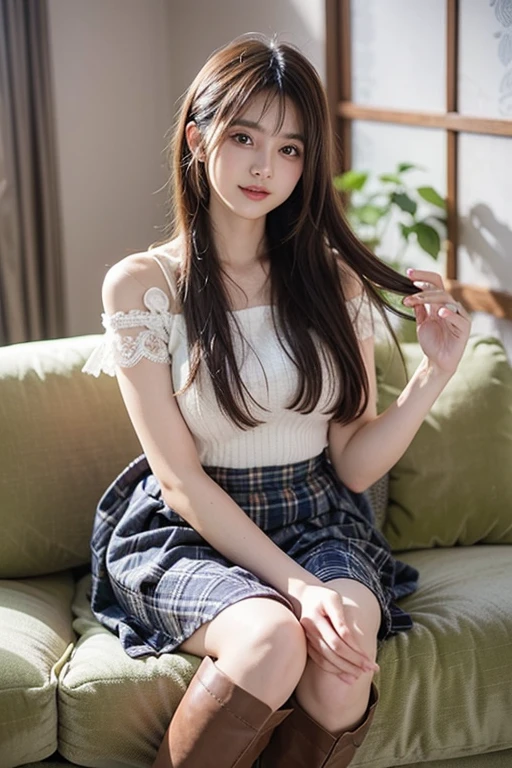 (garden、evening)、(SLR Camera Photography、cinematic lighting)、garden、bench、(spreading her legs for the camera:1.5)、(open legs:1.5)、(camera angle from below:1.5)、(Showing off the inside of her skirt to the camera)、(I can see my pants:1.2)、(School Uniforms:1.2), (wearing a white knit vest), (plaid pleated skirt:1.3),(A smile、Happiness、Joy、jolly、closes mouth)、High detailed eyes、long neck、Lashes、((Very beautiful、Very beautiful))、(((natural soft light、gazing at viewer、Entice your audience、big breasts、Highlights in the eyes)))、((No makeup、looking at camera:1.2))、(realistic、Photoreal、super detailed、best detailed skins、highest quality、masterpiece、Super high resolution)、cute japanese woman、17 years old、high school girl、young girl、1 girl、have bangs、double eyelid、purity、double teeth、realistic肌タイプ、fluffy hair、red cheeks、(black hair)、bright atmosphere、8K RAW photo、High resolution、(very big round breasts:1.2)、beautiful eyes、detailed eyes、drawn in detail、long eyelashes、美しいdouble eyelid、beautiful and very thin legs、(Beautiful and very thin thighs),simple necklace、extremely short skirts、Quite embarrassed look、red cheeks、troubled face、