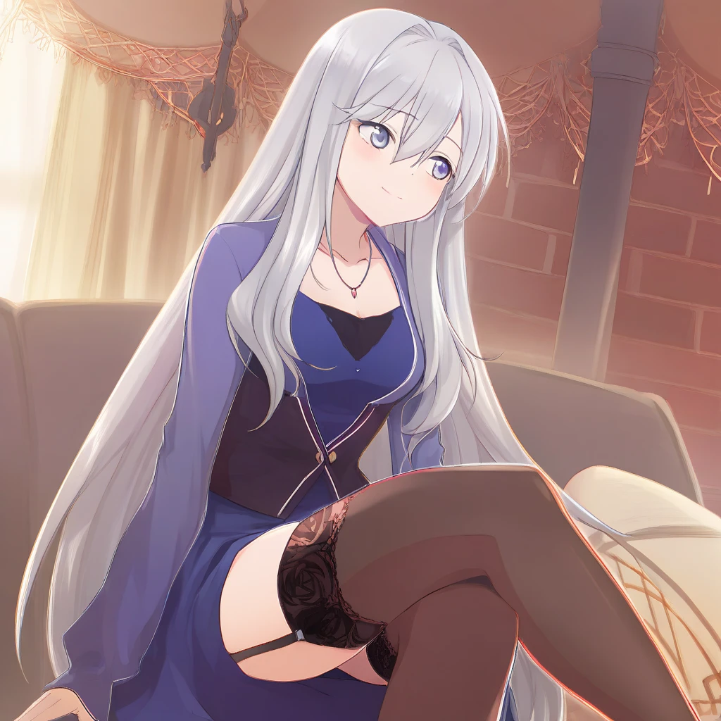 (masterpiece),(best quality),very aesthetic,(ultra-detailed),nsfw,1girl,16yo,slender,long hair,silver hair,straight hair,(blunt bangs),dark blue alluring eyes,comfortable,smirk,toroga,naughty face,(fusion of thick starchy sauce made of kuzu or katakuriko flour and elegant lingeries),bare legs,ecstasy,happy,inroom,couch,reclining,on couch,night sky,moonlight,Moonlight through the window,forest landscape,backlighting,(darkness room),Lace curtains flutter in the wind,Old furnishings,dusty room,cowboy shot