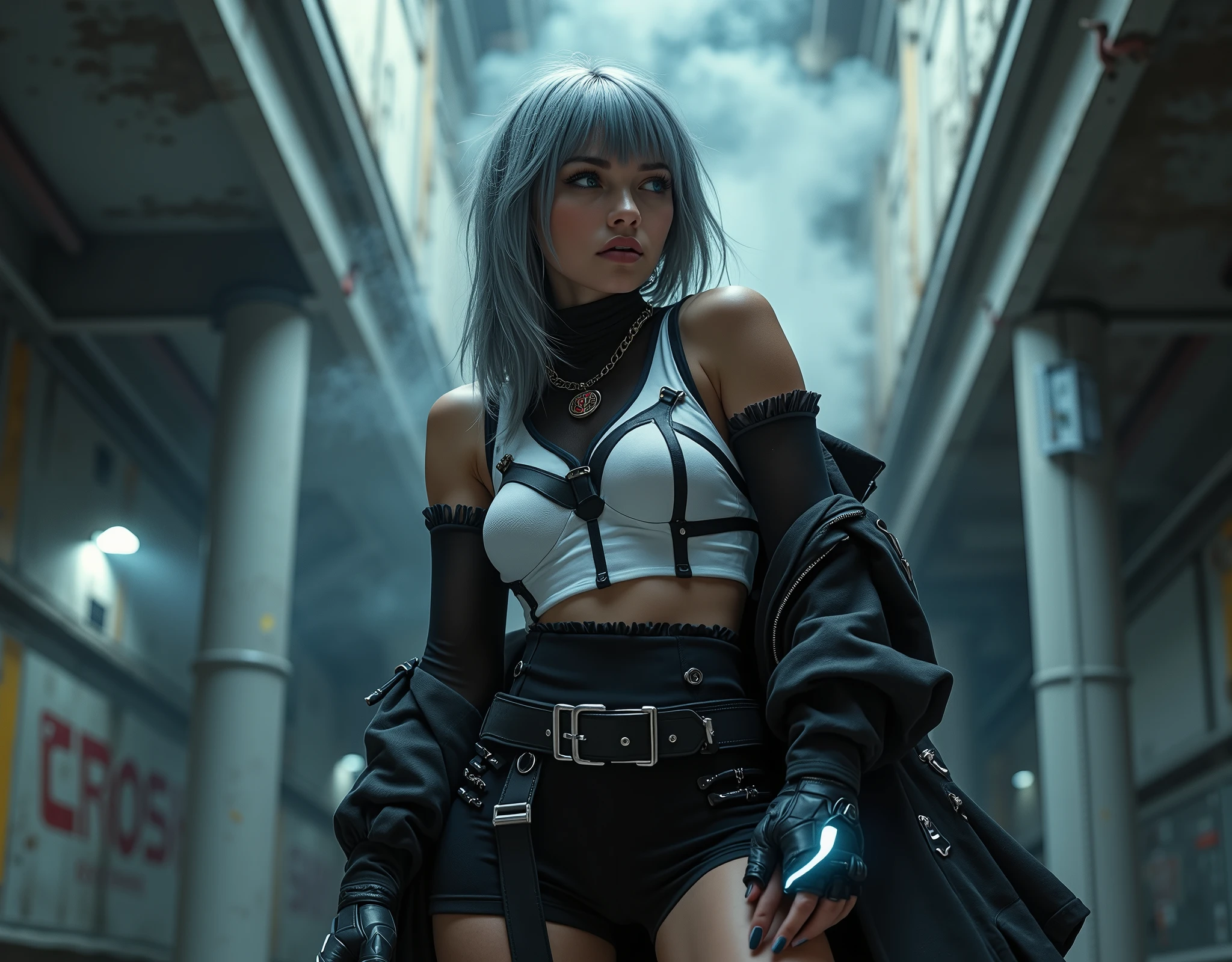 (nsfw:1.3), masterpiece, Best Quality, Realistic, A mysterious and sophisticated beautiful model, identity hidden, all body shot, with blue eyes wears futuristic and sexy fashion art. 18-years-old, beautiful and sexy Japanese girl is climbing at a wide angle, standing and random posing, with her full body in frame. She has an ultra-slim waist, large firm breasts, a large-sized buttocks, showcasing sculptural beauty. gray arranged hair, light color eyes, Realistic skin, Detailed face, , small head. /// dressed in a striking white and black military print bodysuit paired with a sleek black leather belt with a futuristic metallic buckle and low-rise black sweat Knee-high skirt with zipper accents. She wears a sheer black mesh bomber jacket adorned with white and black military patches, chunky black high-cut Sneakers with silver hardware. Her look is fierce and bold, complemented by black fingerless gloves with white LED lights and high-tech accessories. adding an edgy attitude. Her outfit is completed, merging functionality with style. exuding a hint of rebellion, embodying the essence of future street-chic fashion. The wear hugs her body tightly, accentuating her curves and digging sensuously into her skin, /// small head and face, Detailed wide Duck mouth, half open mouth, perfectly aligned teeth, perfect beautiful wide teeth, light blue eyes, half open eyes, shiny Droopy eyes, looking other, /// She is situated within the interior of a futuristic colony, in the deep night, with mist drifting and steam rising from concrete