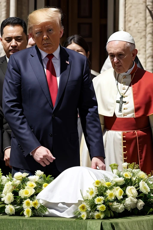 The Catholic Holy Father weeping over a child's coffin draped with the flag of the United States of America