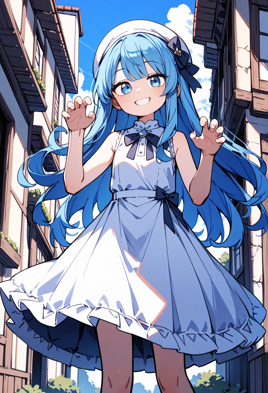 full body, (female): 1girl, (solo), (perfect face), (detailed outfit), (little girl), beautiful female, smile (happy), blue hair, long hair, twintails hair, blue eyes, (tank top), (house), (white background), (masterpiece:1.4), (best quality), (ultra-detailed)