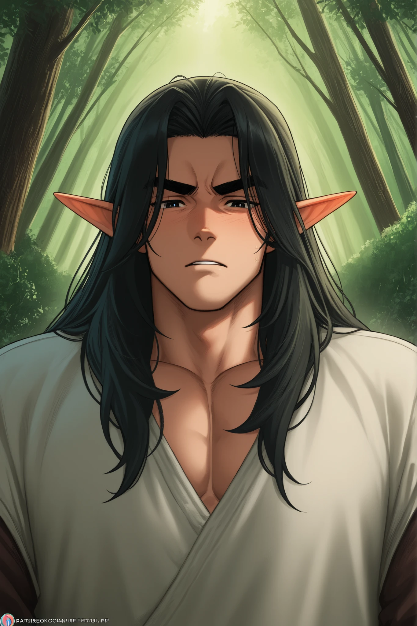 guy; elf; powerful insect and spider magic; elf; black long hair,  black thick eyebrows ; elf-друид, kind, Cute, are gentle, guy; bara; in full height; the forest; elf-друид; young man; INFP 4w5; the forest на заднем фоне; elf друид в the forestу; kind;