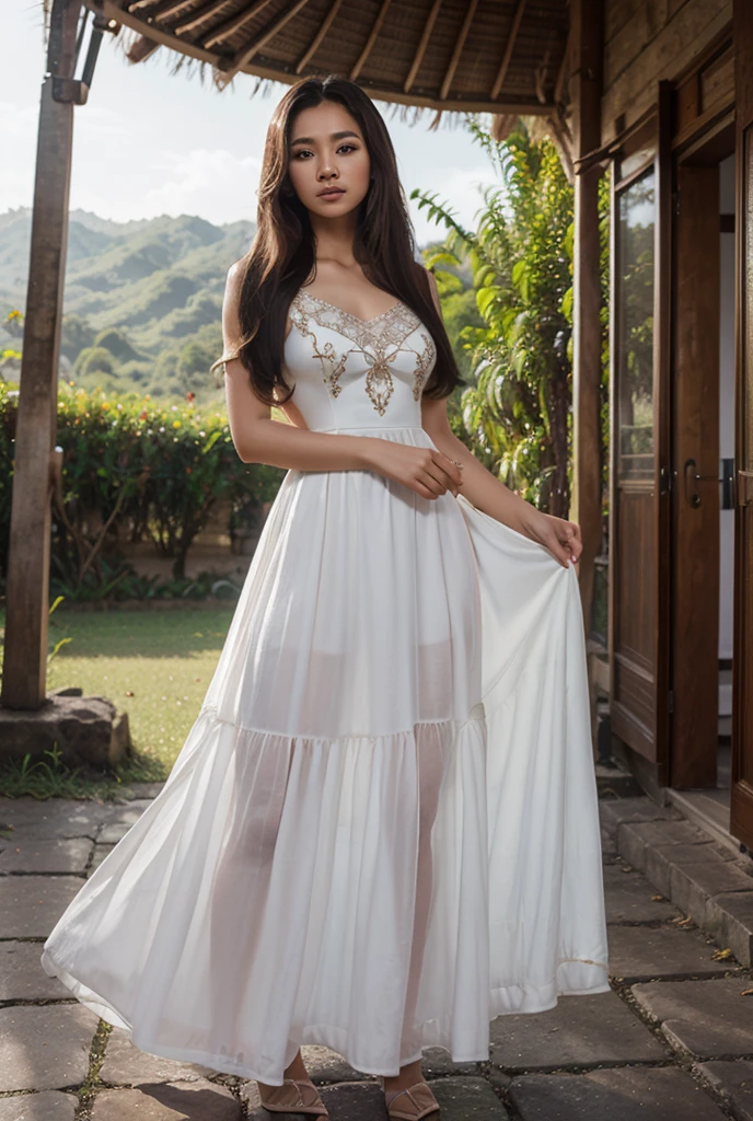 best quality, masterpiece, highres, 1girl, Javanese white bridal kebaya, long straight hair, blue black hair, lux necklace, glamorous jewelry, Blushy face, upon_body, tyndall effect, photorealistic, ample cleavage, puffed breasts, bright big breast, sun-tanned lighting, hands on hips, (high detailed skin:1.2), close up, 8k uhd, dslr, RAW photography, high quality, high resolution, outdoor background
