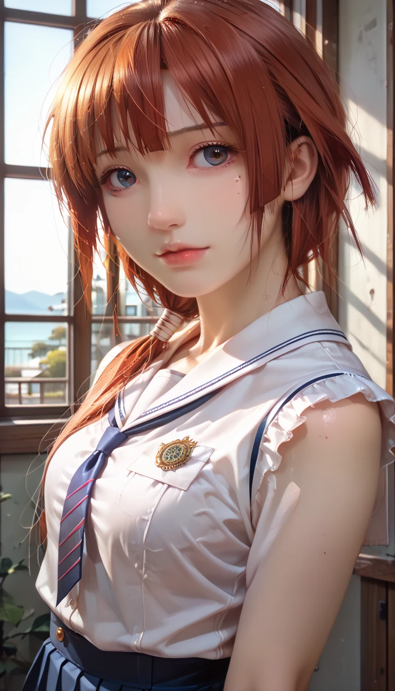 1 Beautiful Girl, Best Quality (8K), Face ((Japan persons) (Freckles) (Adult) (Highest quality quality) (8K))), Perfect body line (8 heads), Full body appearance (standing), Natural perm of red hair , Short bob hair, Big, High school girl sailor suit, 18 years old