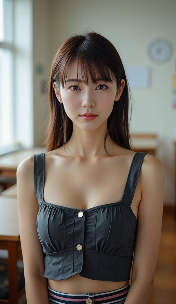 Tabletop, highest quality, figure, Super detailed, finely, High resolution, background'8k screen, Perfect dynamic composition, Beautiful Detailed Eyes, Natural Lip, Tank top, Large Breasts, Cleavage, whole body, Belly button slip, Random sexy poses,((Superior Quality、8k、Head'artwork:1.3))、sharpness:1.2、Beautiful woman with perfect style:1.4、Slim Abs:1.2、((Dark brown hair、Big Tits:1.2))、(Soft natural light、City Street:1.1)、Highly detailed face and skin texture、Detailed Eyes、Double Popierre、Sexy secretary in a tight mini skirt、A slight smile、Open shirt、Sexy Costumes, Realistic