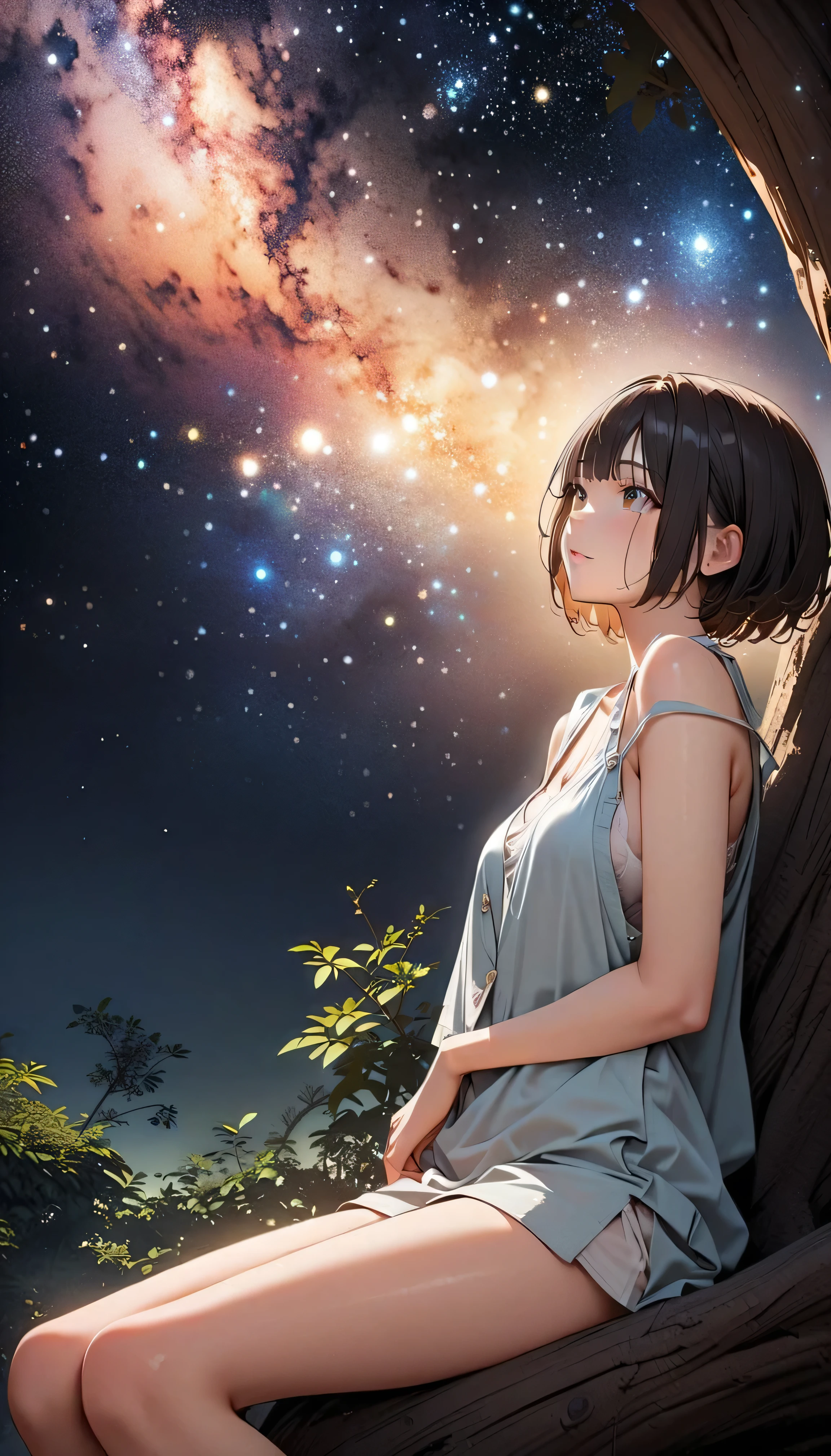 (Highest Quality:1.2, 非常にdetailsな, newest, Highest Quality, Best Aesthetics), 8K Ultra HD, 非常にdetailsな, details, Bold composition, (perfect human structure), beautiful and very delicate texture, Delicate and Dynamic, romantic and sweet style, concept art style, 非常に複雑なdetails, the contrast between light and dark is clear, Structured, fantastic night,  light gradation , Vivid and gentle colors, An old tree, Fantastic starry sky, backlight, One nice girl, 非常にdetailsな目と顔, Dark Eyes,  smooth skin texture , shiny skin, kind expression, Girl sitting on a tree branch, smiles, black hair,  young,  light clothing, 2.5d, realistic, looks up at the night sky, angle from below