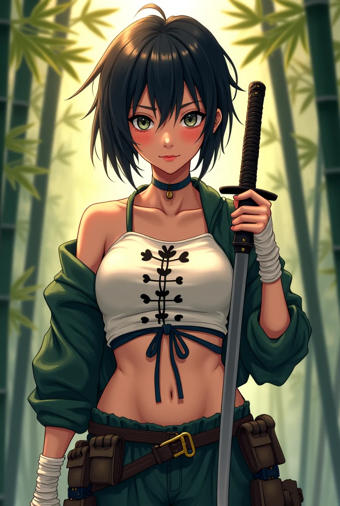 1girl, solo, ninja, forest, trees, Japan, medieval, ((black hair)), ponytail, large breasts, ((black shirt)), ((unbuttoned shirt)), unbuttoning buttons, popping buttons, ((short sleeved shirt)), cleavage 1:3, purple eyes, ((black shorts)), grin, standng, hair ribbon, samurai sword, katana