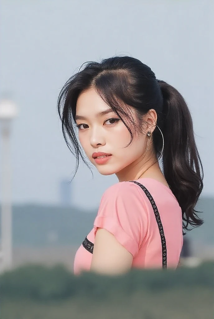 nikon RAW photo,8 k,Fujifilm XT3,masterpiece, best quality, 1girl,solo,realistic, photorealistic,ultra detailed,ultra detailed background, outdoor, amusement park, colorful, joyful expression, long hair, ponytail, cute headband, looking back over shoulder, amusement park rides and attractions in background, night time setting, iu1, <lora:iu_v35:1><lora:lightAndShadow_v10:0.6>