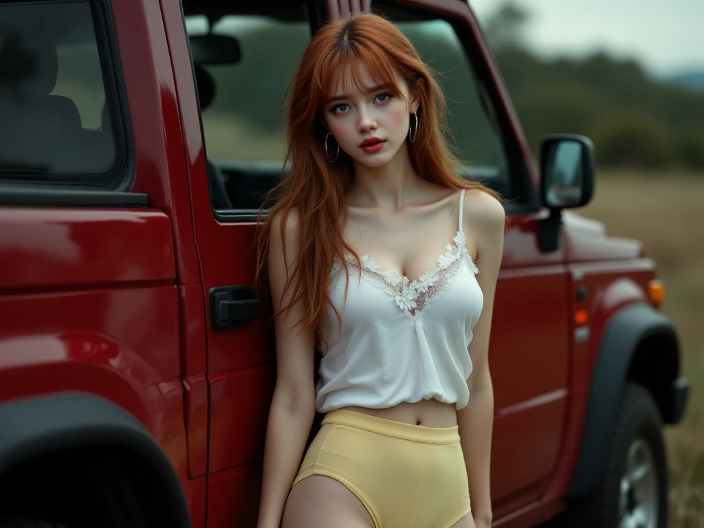 (((Masterpiece))), 25-year-old Caucasian French girl with shoulder-length messy red hair, adorned with , blooming hair akin to a royal . Captured in the best quality, this illustration serves as a 4K wallpaper, white top, very short white shorts, she sits in a parking lot, holding a bottle of car chemicals in her hand, it's night, . Night