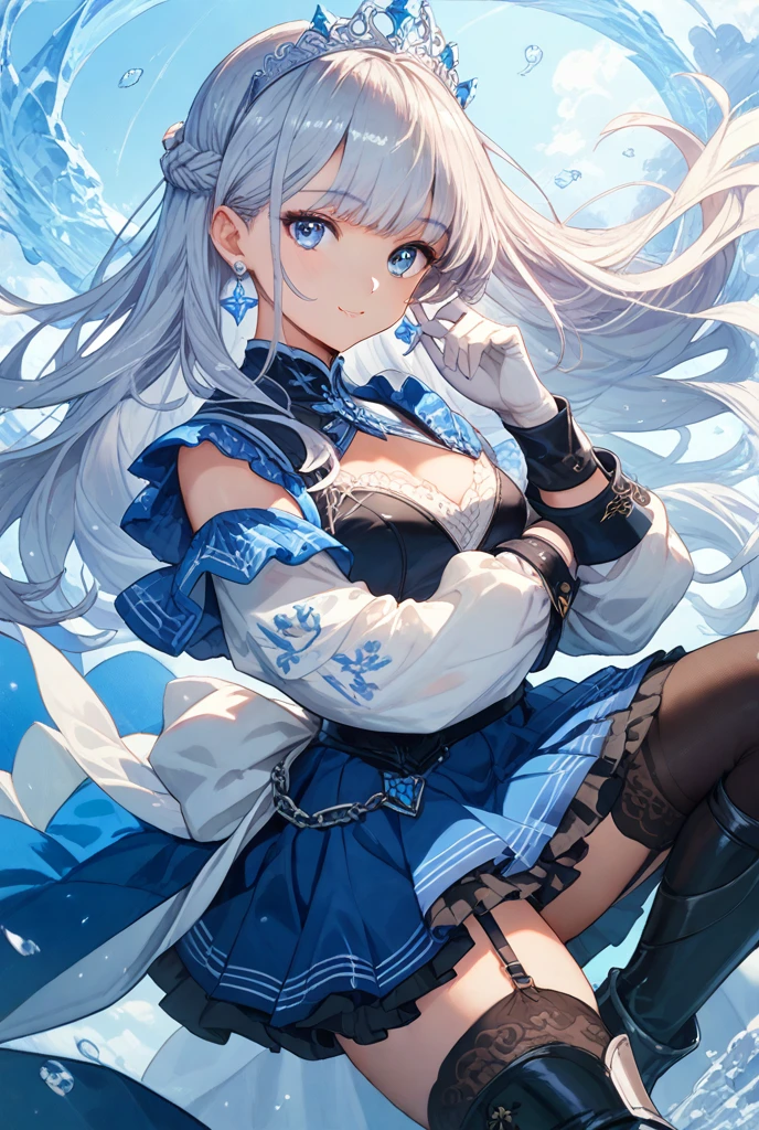 ((Highest quality)), ((masterpiece)), ((Very detailed)), (Very mature),A cute, gentle-looking female high school student with black hair and a height of about 165cm.，A female high school student with big breasts and a cute smile wearing a transparent blue waifus with a cute patterned hood and bare shoulders, A gentle woman with a slightly long vertical face，Small Faced Woman，alone, Cute attitude,(background(bright)，Long Hair - Straight，Knee-high socks、A transparent blue veil with a cute pattern and white hood with off-the-shoulder sleeves，White wall、Sitting、Facing the viewer、縁に模様がある壁が1面のbackground
