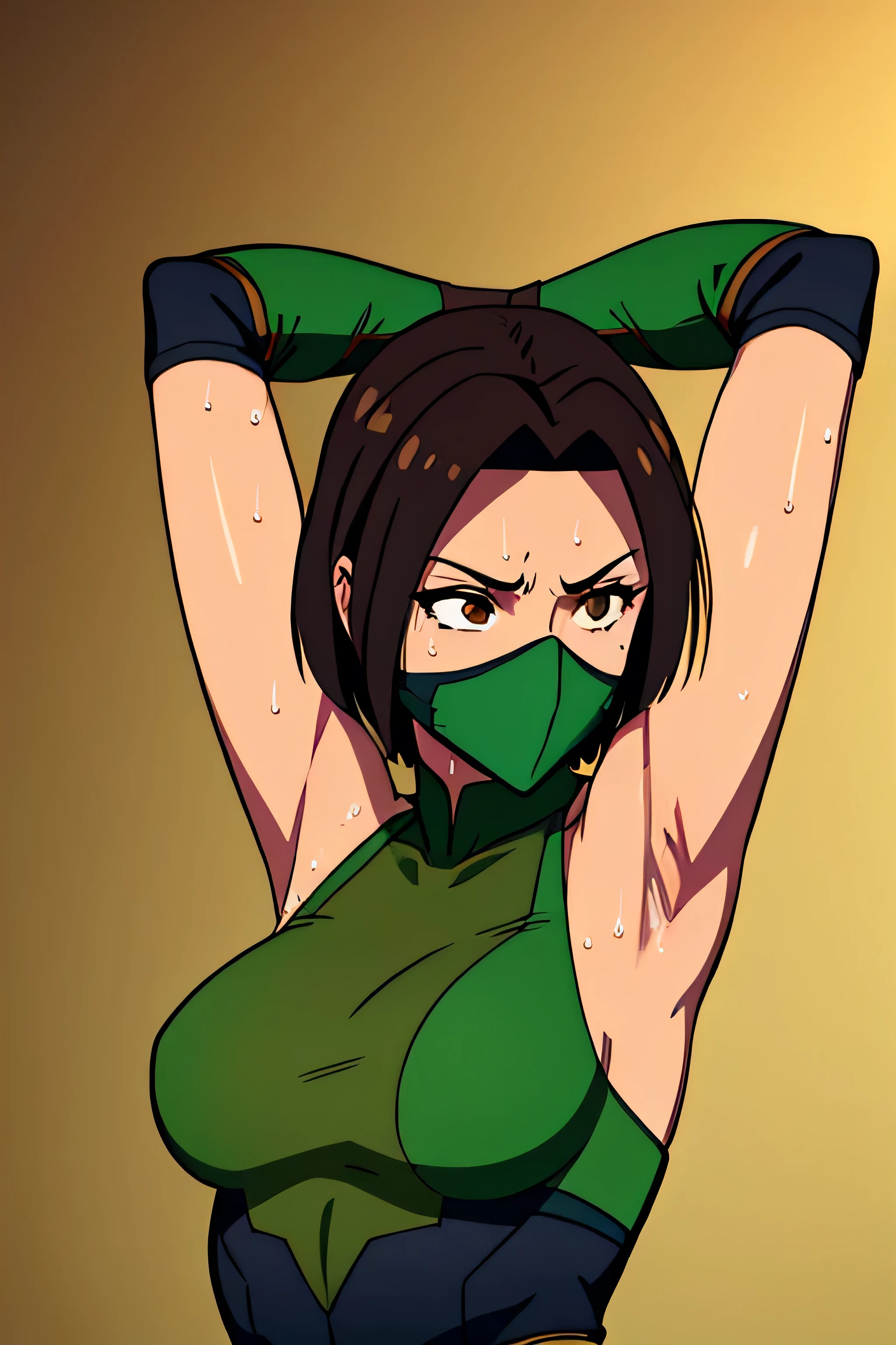 Jade, human woman with wheatish complexion,sleeveless.She has brown eyes and blackish blue clothing. Her hair is blackish brown in color; She is beautiful.Tsundere face.,mature appearance,armpits,sweat,sweaty,sweaty armpits,arms up,showing armpits,awesome armpits,outfit,blackish green arm warmers,blackish green arm bands,black arm warmers, wearing Konoha headband,wearing green face mask