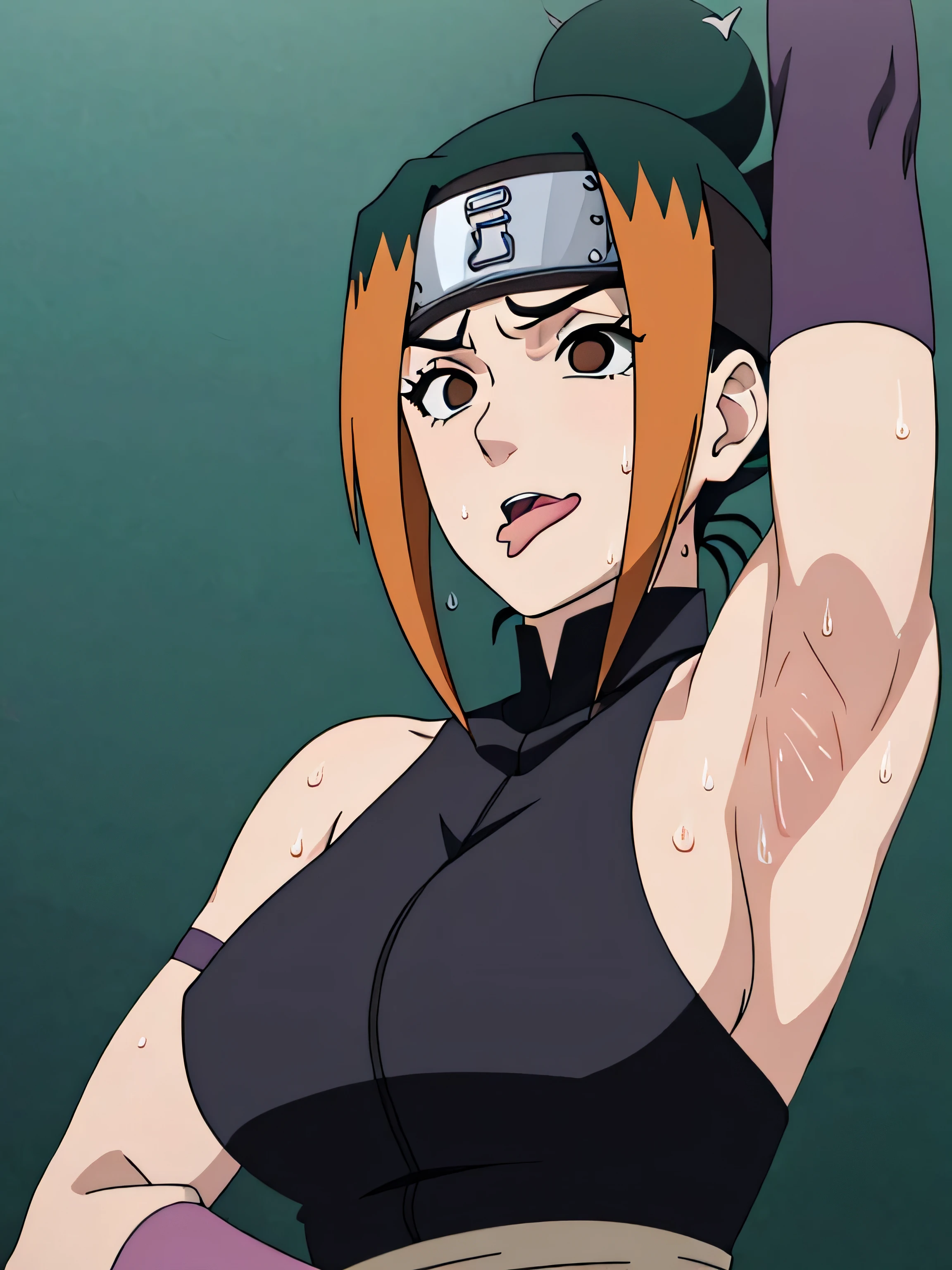 Pakura,human woman with fair skin. She has black eyes and blackish orange clothing. Her hair is black in color; She is beautiful.Tsundere face. Pink eye shading,mature appearance,armpits,sweat,sweaty,sweaty armpits,arms up,showing armpits,awesome armpits,outfit,blackish red arm warmers,maroon arm bands,maroon arm warmers,showing tongue,tongue out,wearing Konoha headband.