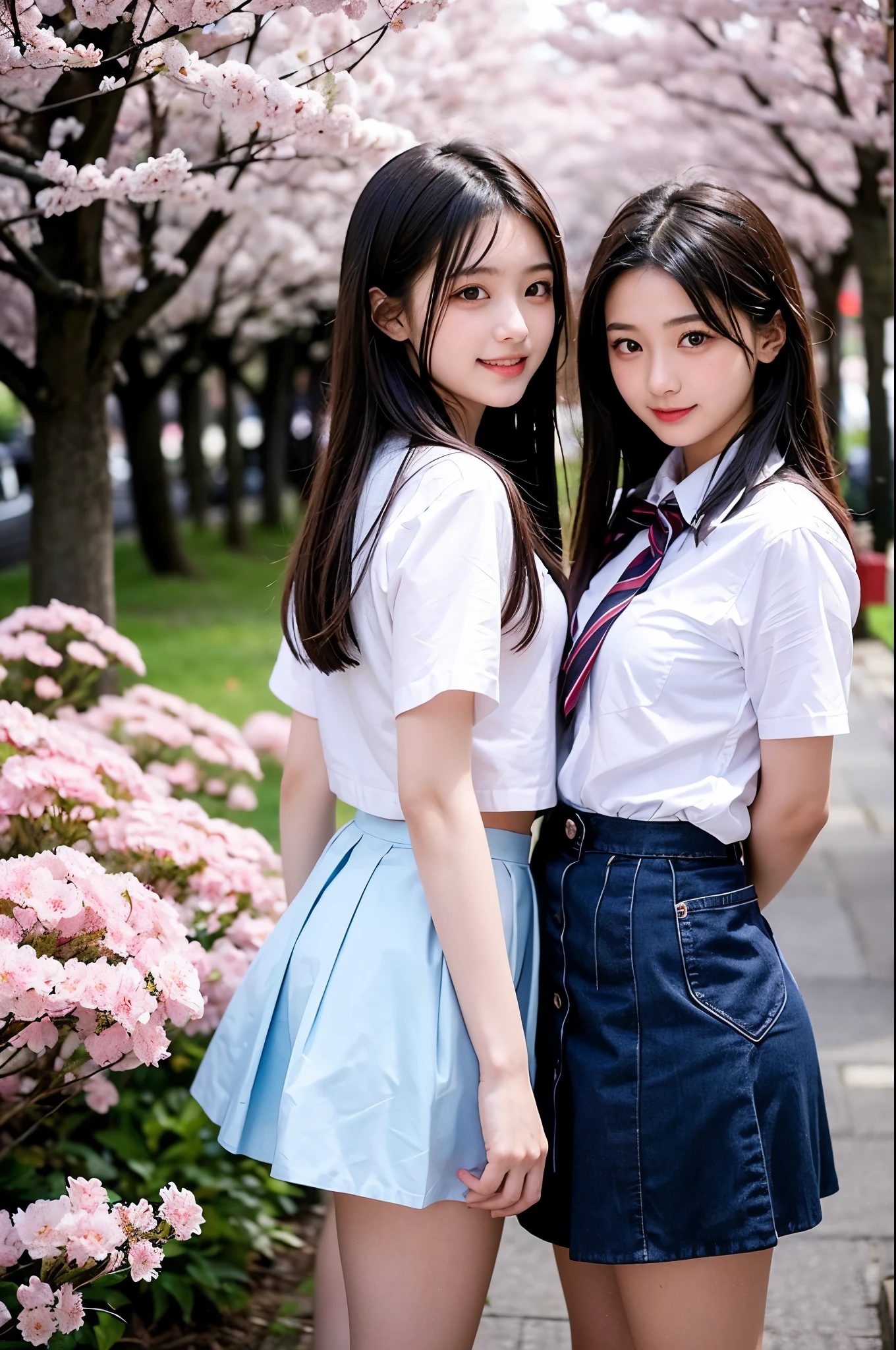 Two girls (18 years old, Japanese pretty face) are wearing high school uniform with mini skirt near cherry blossoms.