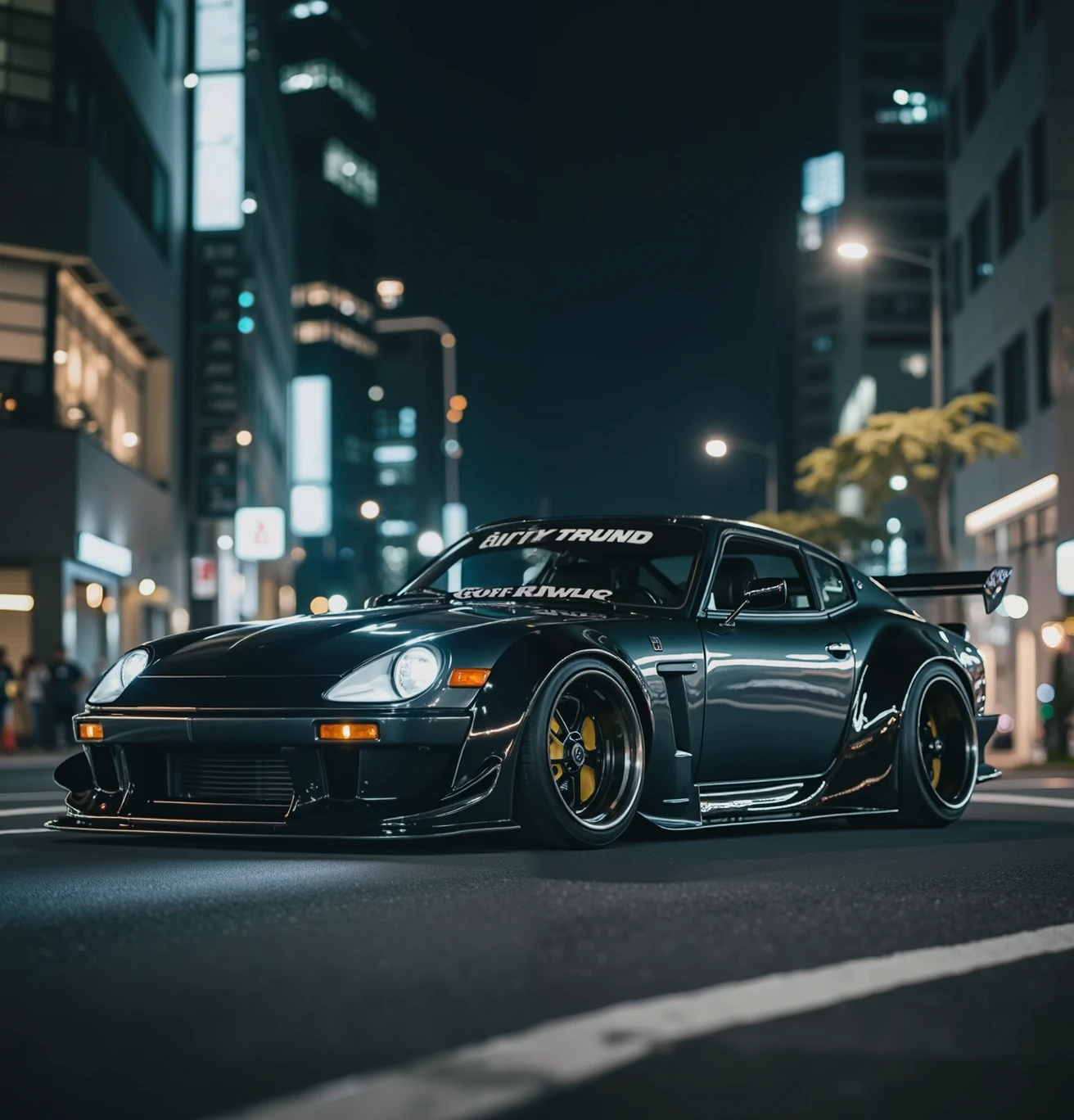 Tune the Datsun Fairlady Z with a wide body and offset wheels，Tune Datsun 1600 with，masterpiece，Ultra fine expression，downtown at night，