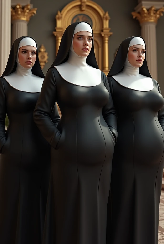 multiple thick body milfs wearing dark blue nuns dress in kitchen party, show only mature women, open dress show panties, show backside, show back view, nsfw, full body view