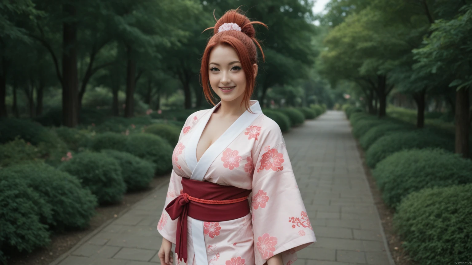 Pink hair wearing kimono biggest biggest breast