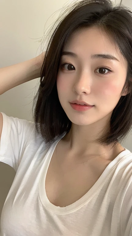 ((Best picture quality, 8K, tmasterpiece:1.3)), 1girll, Beautiful woman with slender abs:1.3, (Casual hairstyle, Leaky big breasts:1.2), Low-cut bra，Super large，Ultra-fine face, A detailed eye, 二重まぶた，ssmile，Home，The figure is very bad，tiny small waist，Super big breasts，Close-up，Close-up chest，White-skinned，The background is casual，Close-up Shot Shot