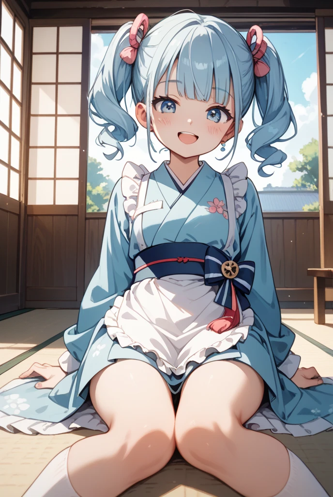 Young girls,double-ponytail,Pale blue hair,red color eyes,JK school uniform,solo person,Maid skirt,white stockings,White knee-length socks,Suspenders,looking to the camera,in a panoramic view,Lying on the couch,Five black males,White T-shirt,denim pant,Smiling at the girl,Masterpiece,Best quality,Japanese style binding,tatami mats,bedroom background,4k,Outstanding work。