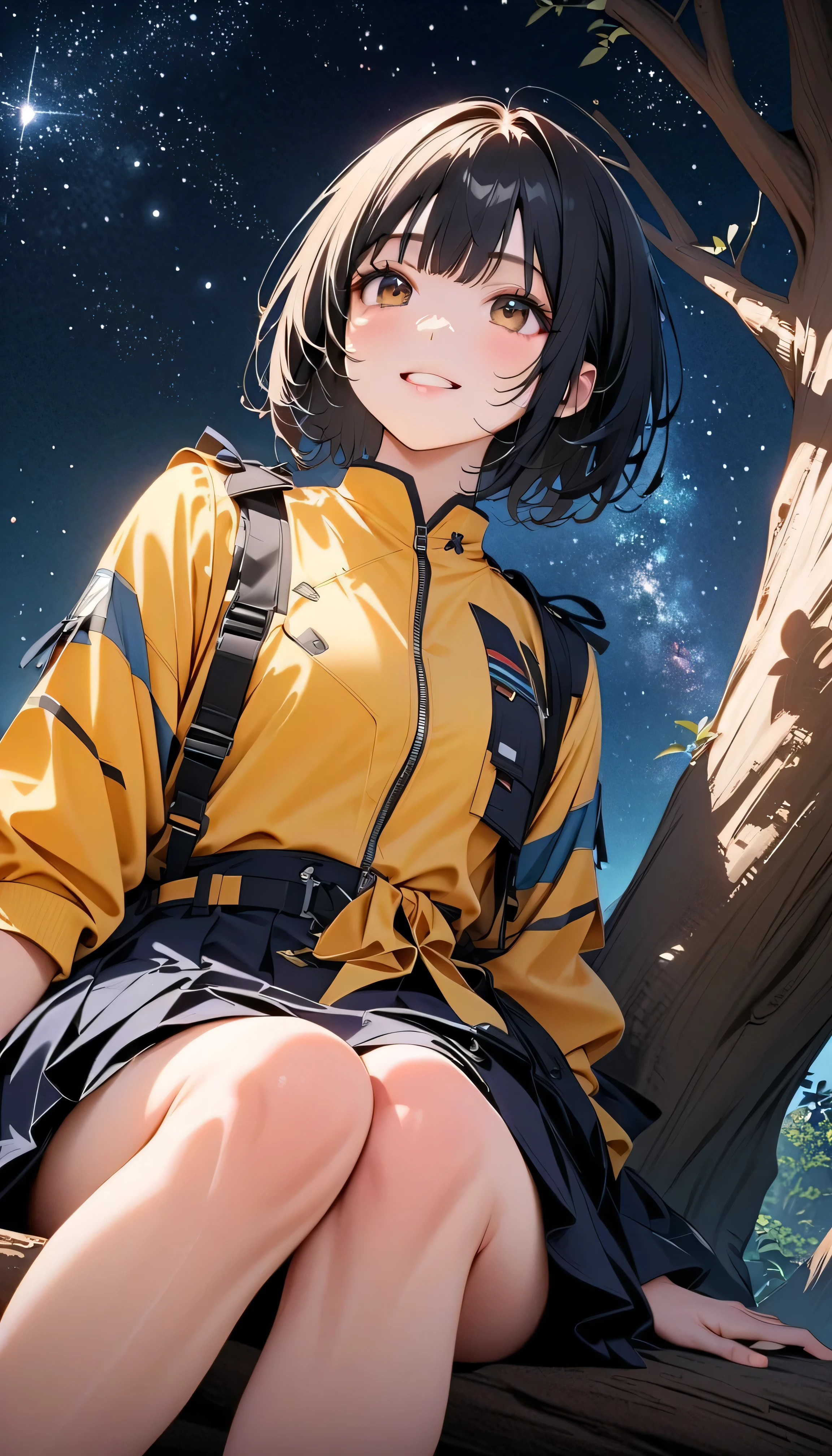 (Highest Quality:1.2, 非常にdetailsな, newest, Highest Quality, Best Aesthetics), 8K Ultra HD, 非常にdetailsな, details, Bold composition, (perfect human structure), beautiful and very delicate texture, Delicate and Dynamic, romantic and sweet style, concept art style, 非常に複雑なdetails, the contrast between light and dark is clear, Structured, fantastic night, light gradation , Vivid and gentle colors, An old tree, Fantastic starry sky, backlit, One nice girl, 非常にdetailsな目と顔, Dark Eyes, smooth skin texture , shiny skin, kind expression, Girl sitting on a tree branch, smiles, black hair, young, short, lower-class, light clothing, 2.5d, realistic, looks up at the night sky, angle from below