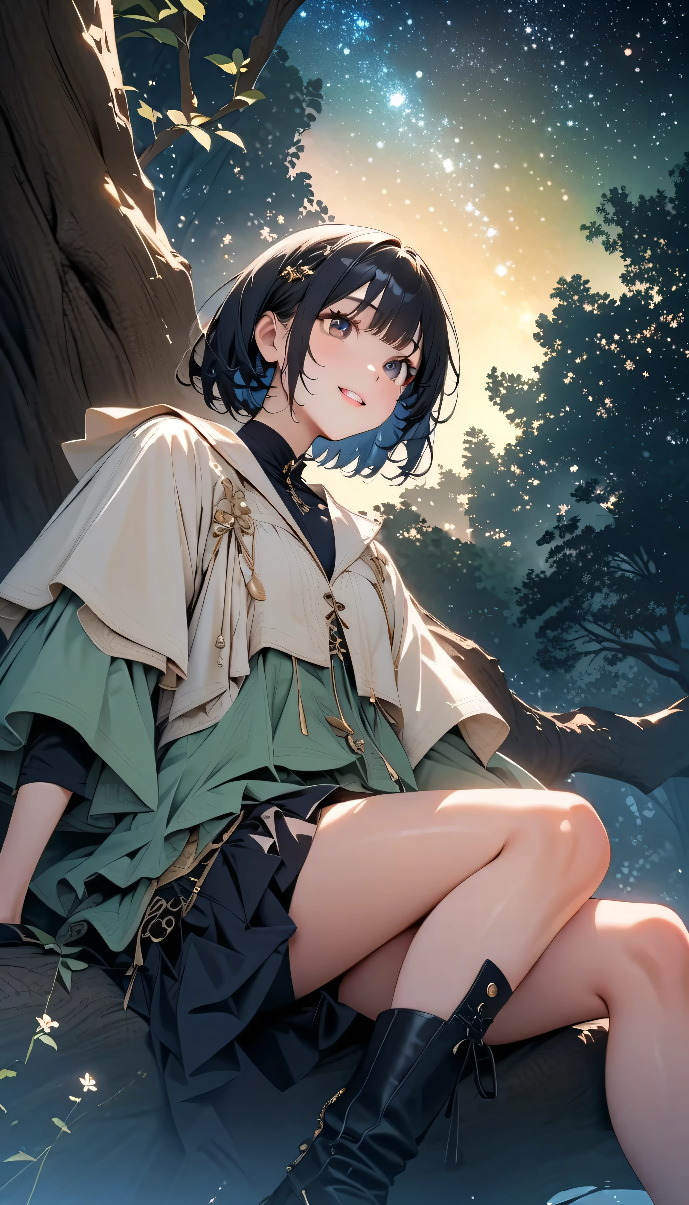 (Highest Quality:1.2, 非常にdetailsな, newest, Highest Quality, Best Aesthetics), 8K Ultra HD, 非常にdetailsな, details, Bold composition, (perfect human structure), beautiful and very delicate texture, Delicate and Dynamic, romantic and sweet style, concept art style, 非常に複雑なdetails, the contrast between light and dark is clear, Structured, fantastic night, light gradation , Vivid and gentle colors, An old tree, Fantastic starry sky, backlit, One nice girl, 非常にdetailsな目と顔, Dark Eyes, smooth skin texture , shiny skin, kind expression, Girl sitting on a tree branch, smiles, black hair, young, short, lower-class, light clothing, 2.5d, realistic, looks up at the night sky, angle from below